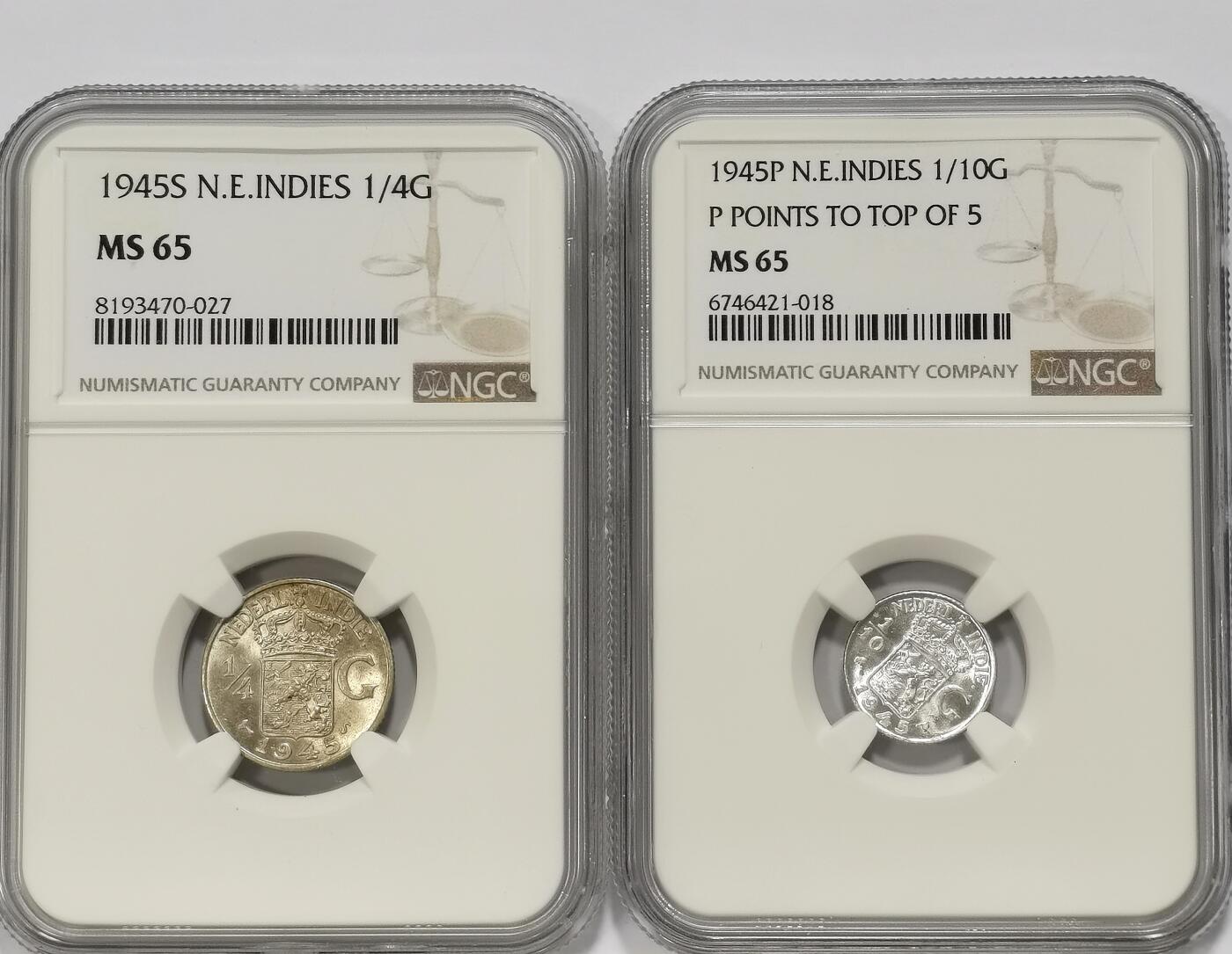 博洋堂世界钱币拍卖第103期（全场包邮） NGC MS65 荷属东印度1945年1/4盾和1/10盾银币2枚一对