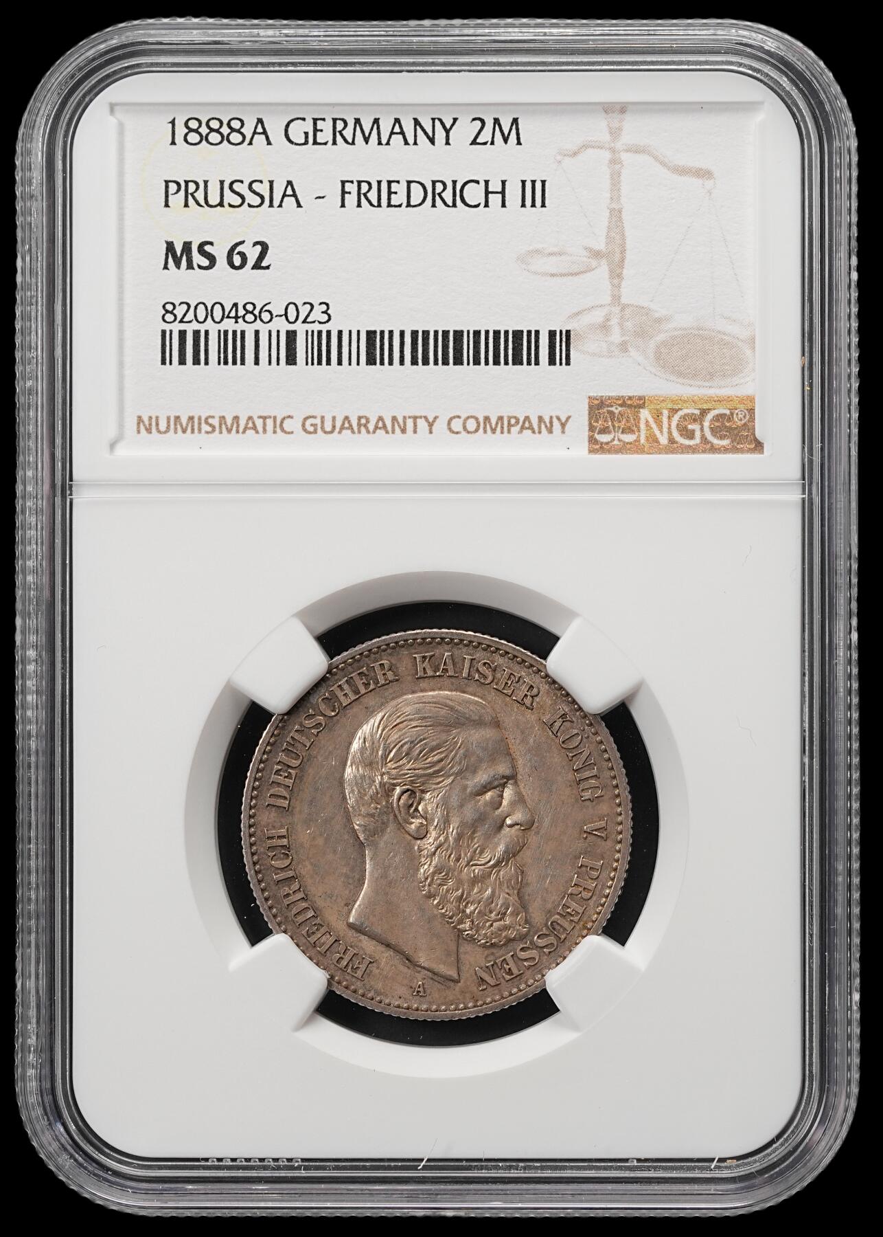 修遠堂世界钱币第五十期 全场包邮 NGC MS62 1888年普鲁士腓特烈三世2马克银币