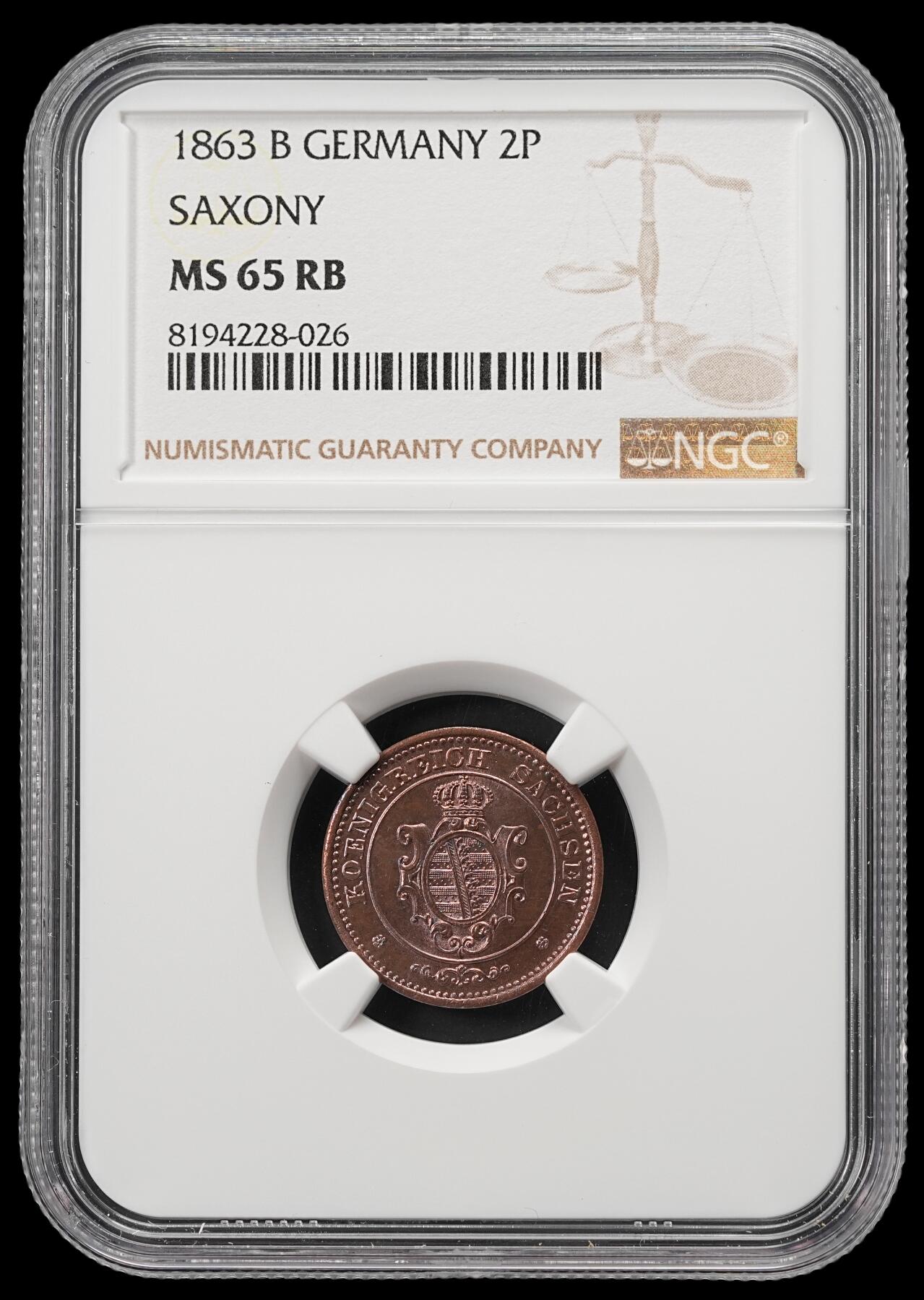 修遠堂世界钱币第五十期 全场包邮 NGC MS65RB 1863年萨克森2芬尼铜币 唯一冠军分
