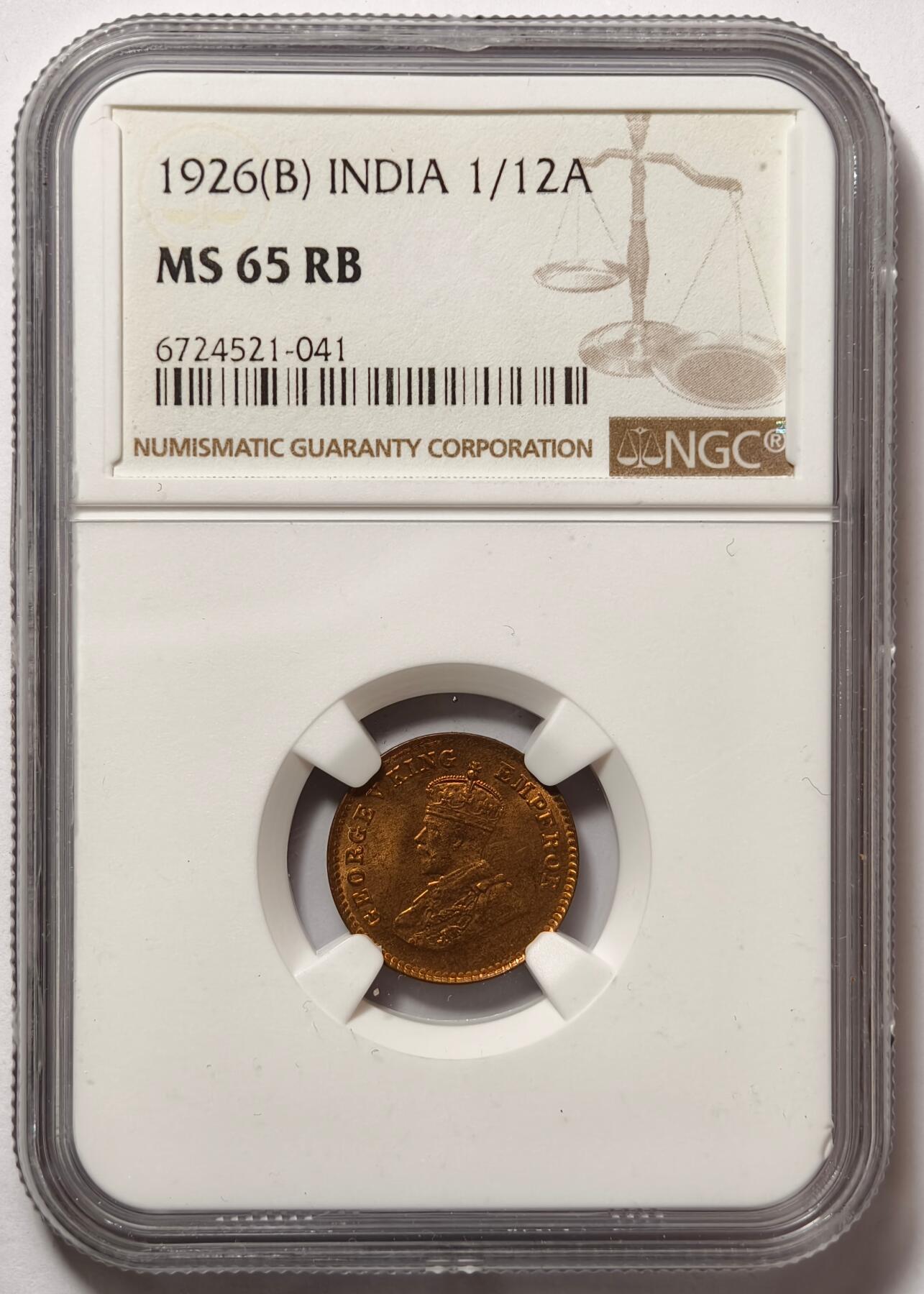 紫瑗钱币——第474期 英属印度 1926年 B版 乔治五世 1/12安娜 铜币 NGC MS65 RB