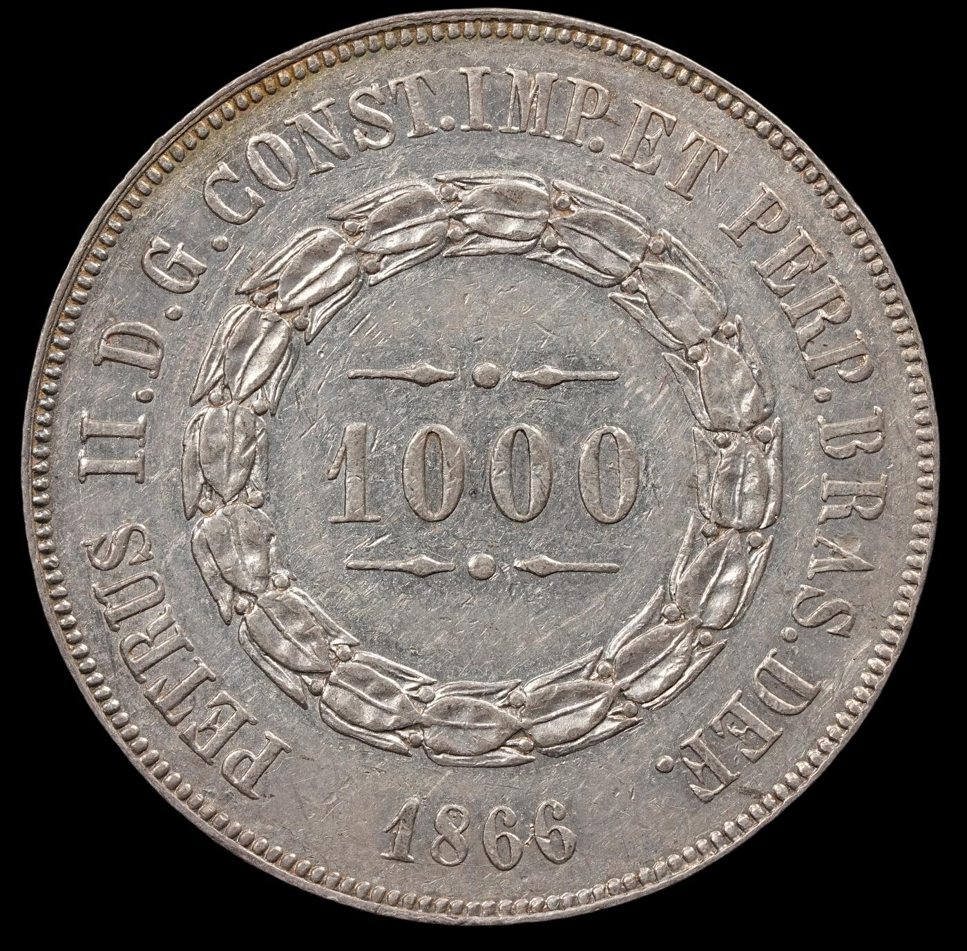 修遠堂世界钱币第五十期 全场包邮 1866年巴西1000瑞斯银币 12.66g