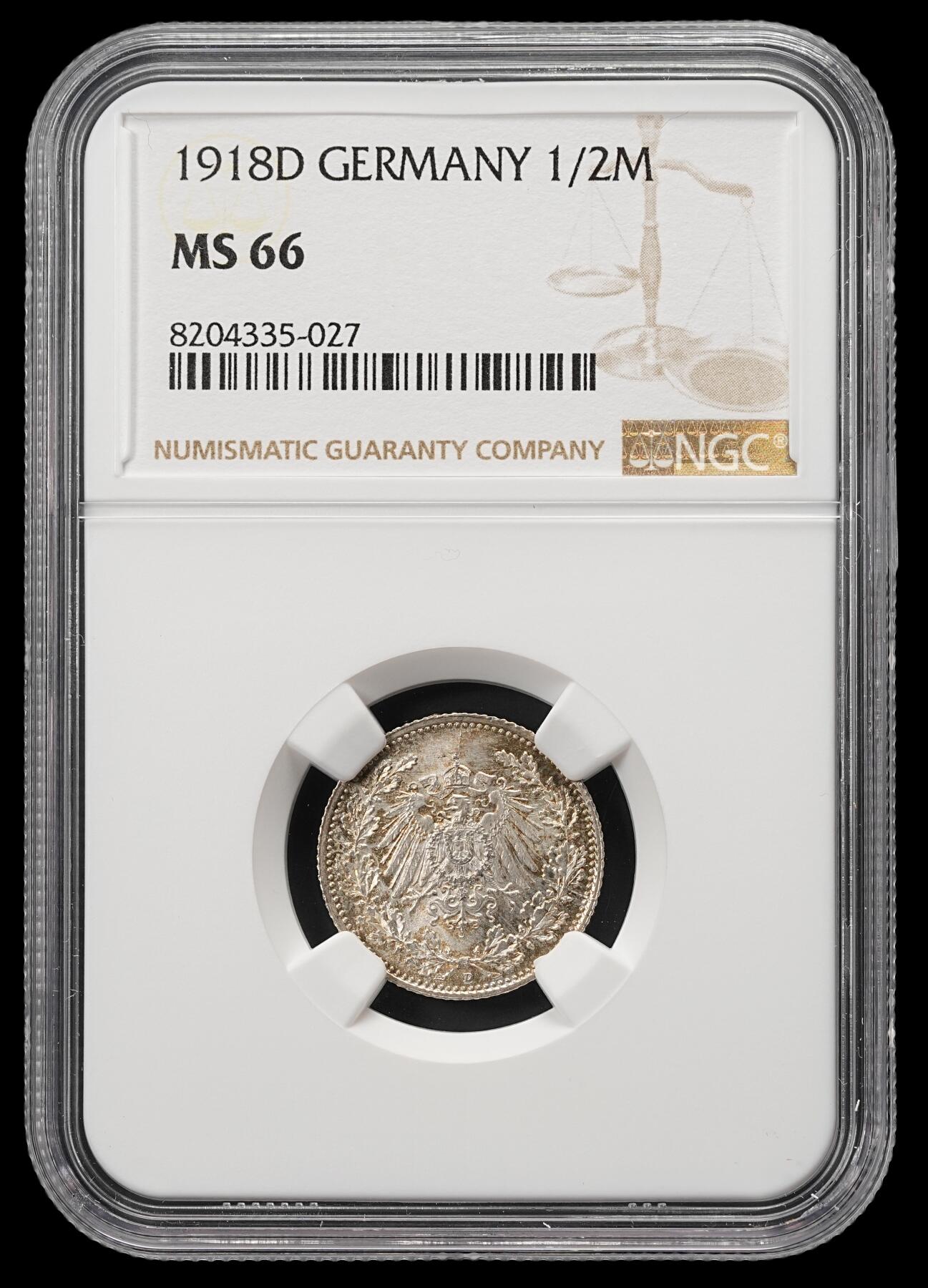 修遠堂世界钱币第五十期 全场包邮 NGC MS66 1918年德国1/2马克银币