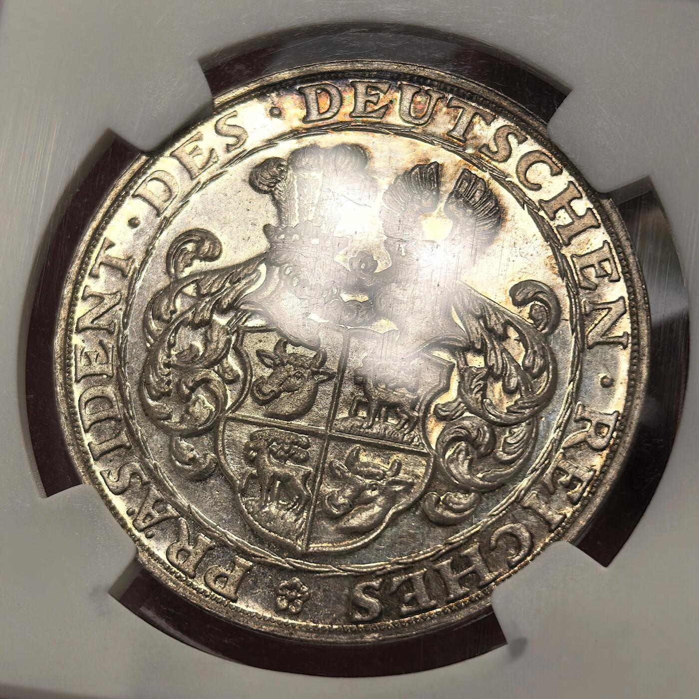 博洋堂世界钱币拍卖第103期（全场包邮） NGC MS62 德国1928年兴登堡5马克银章，伯恩哈特作品，发丝细节刻画极美，淡金色包浆（左脸）兴登堡稀少品