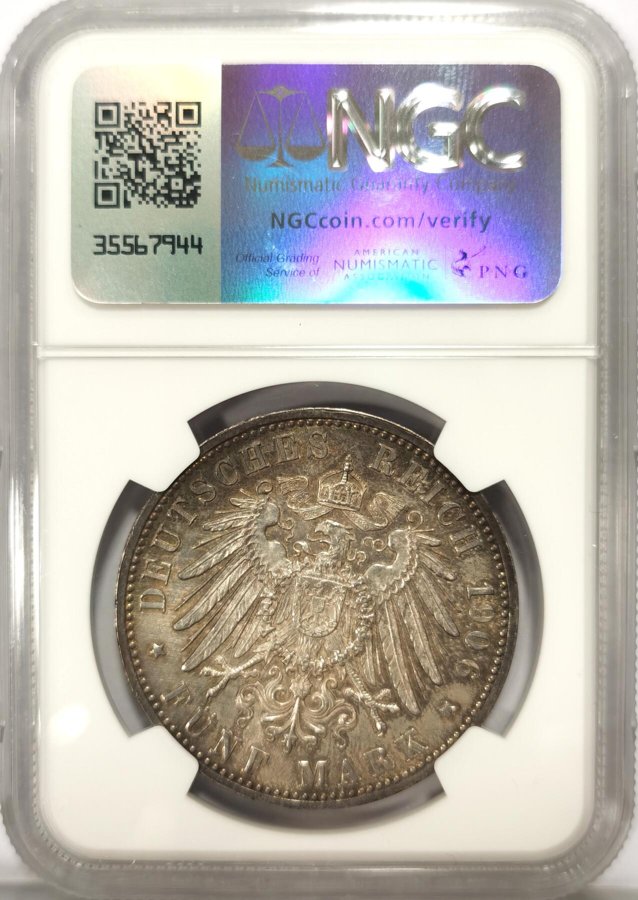 博洋堂世界钱币拍卖第103期（全场包邮） NGC MS62 德国巴登1906年金婚纪念5马克银币 彩包浆，状态很好，低评。