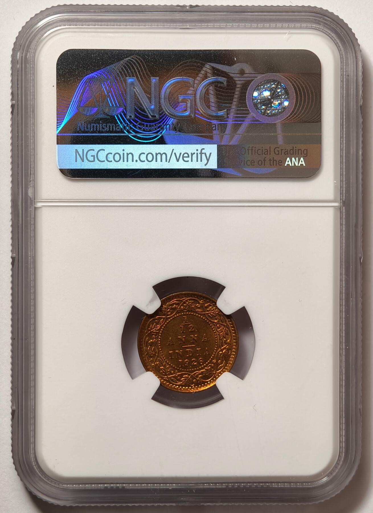 紫瑗钱币——第474期 英属印度 1926年 B版 乔治五世 1/12安娜 铜币 NGC MS65 RB