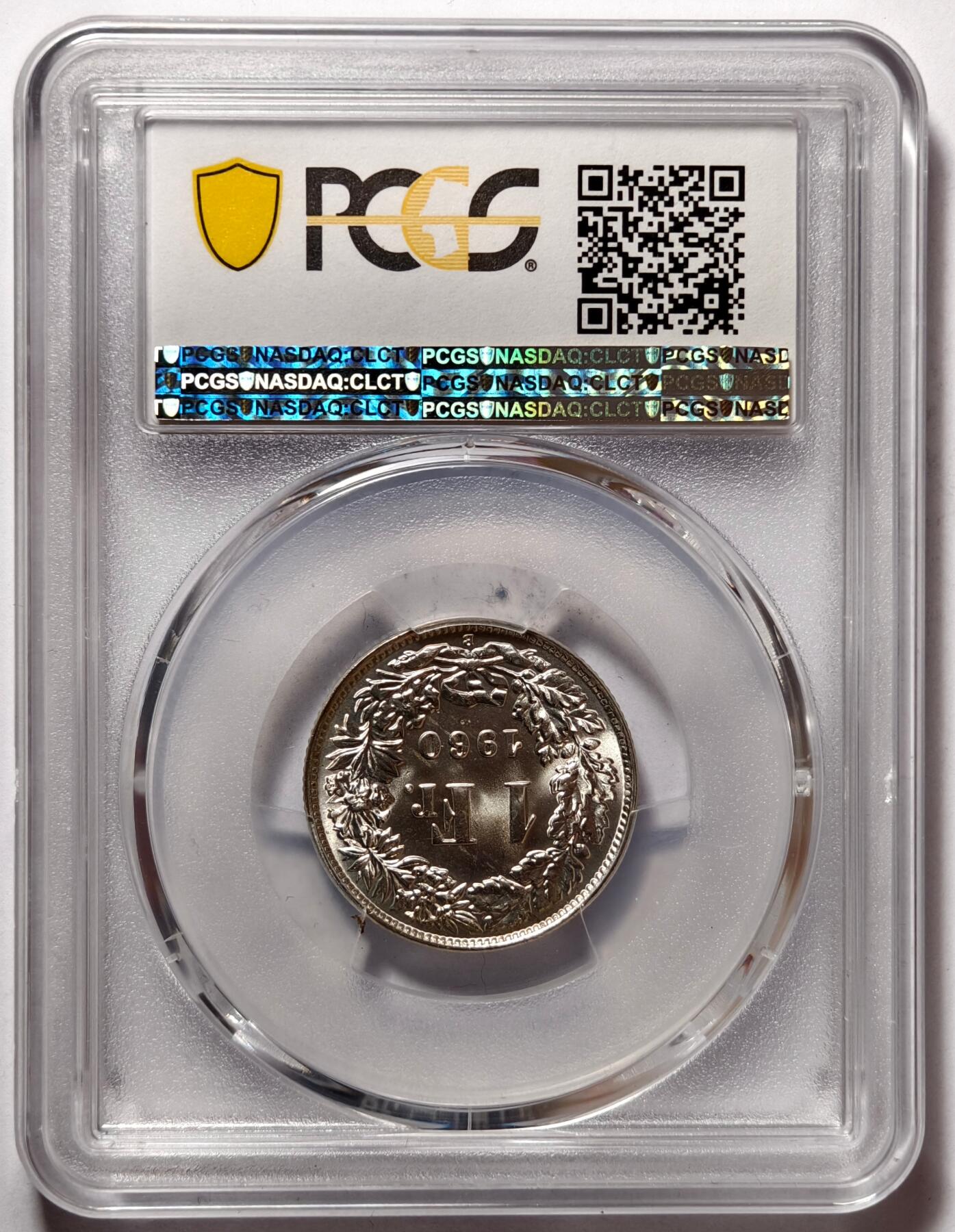紫瑗钱币——第476期 瑞士 1960年 B版 赫尔维蒂亚 1法郎 银币 PCGS MS66