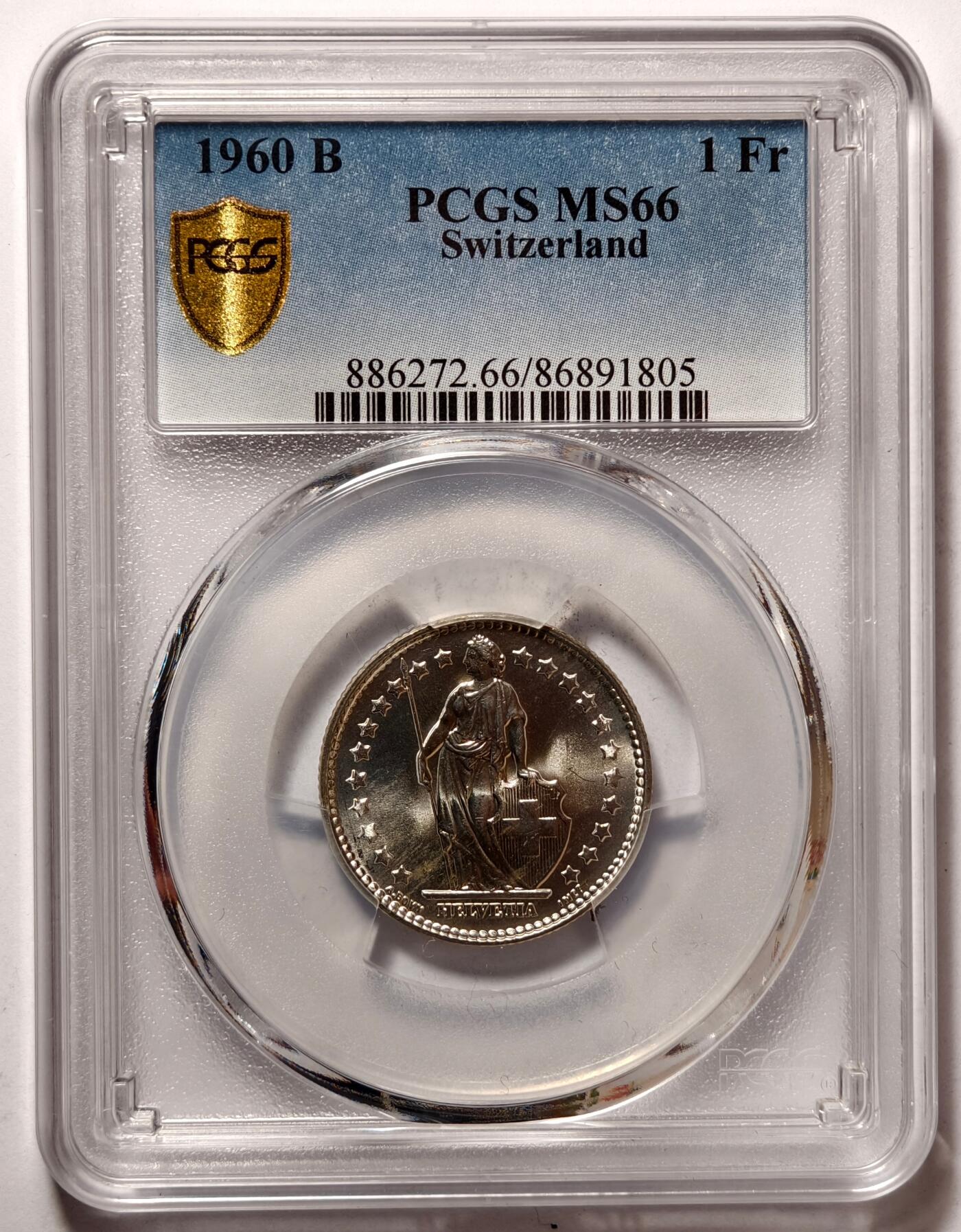 紫瑗钱币——第476期 瑞士 1960年 B版 赫尔维蒂亚 1法郎 银币 PCGS MS66
