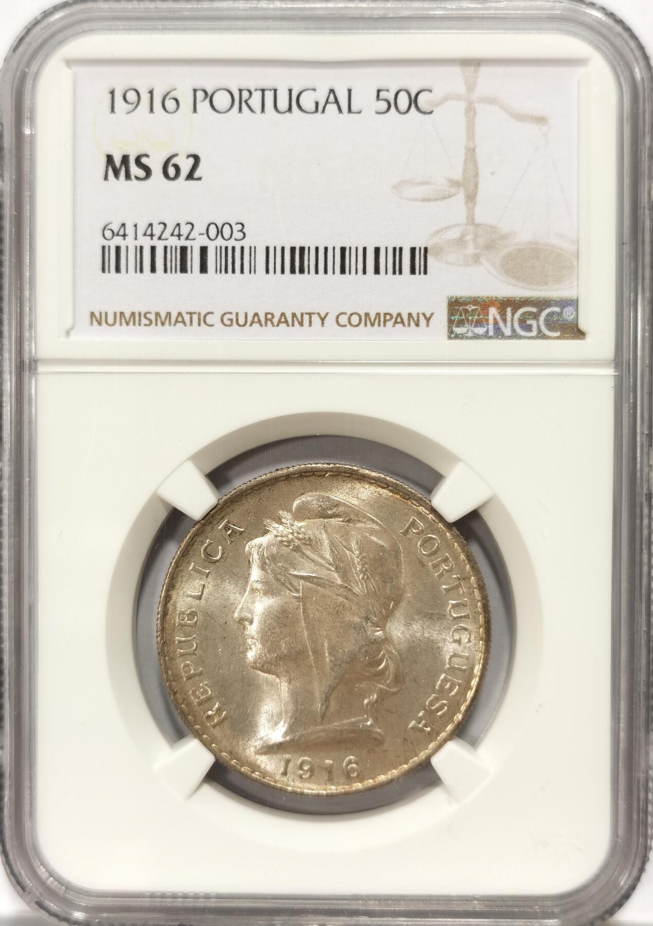 博洋堂世界钱币拍卖第103期（全场包邮） NGC MS62 葡萄牙1916年女神50分银币，女神像柔美气概，值得收藏！