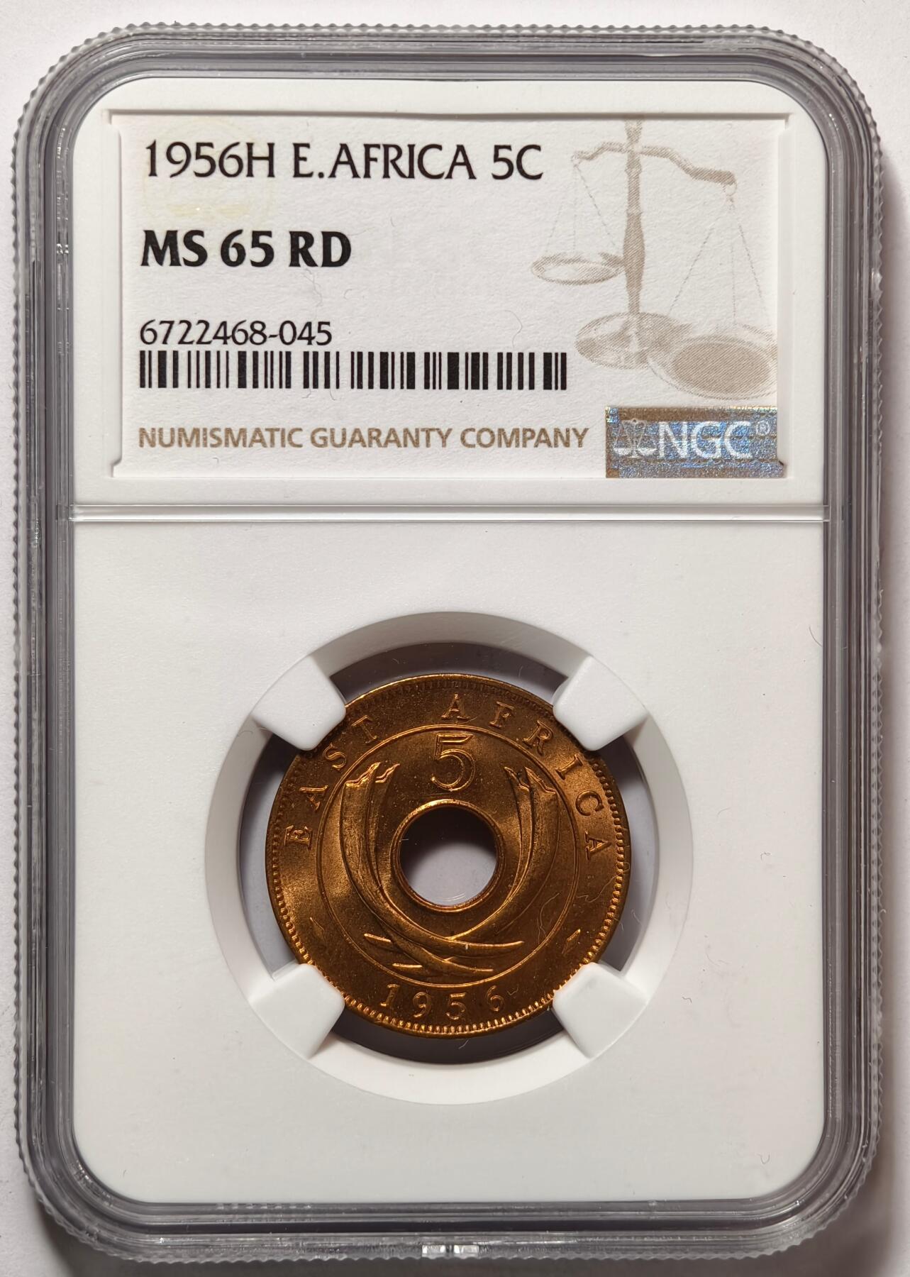紫瑗钱币——第476期 英属东非 1956年 H版 伊丽莎白二世 5分 红铜币 NGC MS65 RD