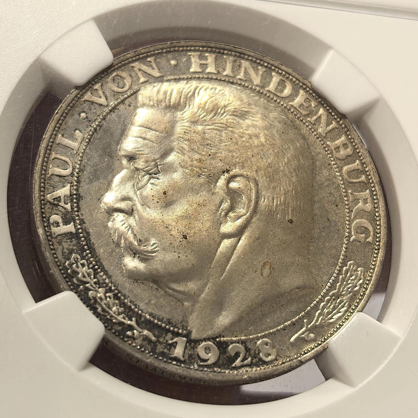 博洋堂世界钱币拍卖第103期（全场包邮） NGC MS62 德国1928年兴登堡5马克银章，伯恩哈特作品，发丝细节刻画极美，淡金色包浆（左脸）兴登堡稀少品