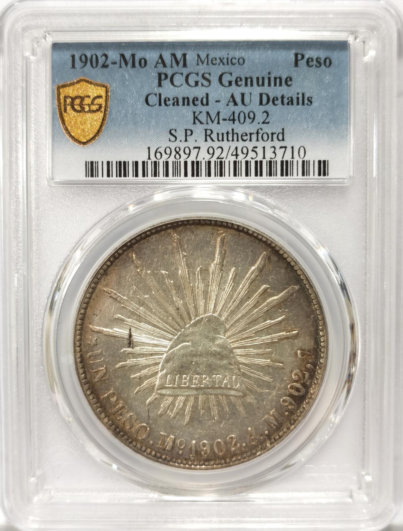 博洋堂世界钱币拍卖第103期（全场包邮） PCGS AU 墨西哥1902年MO AM版直边鹰洋，S.P.Rutherford名家旧藏