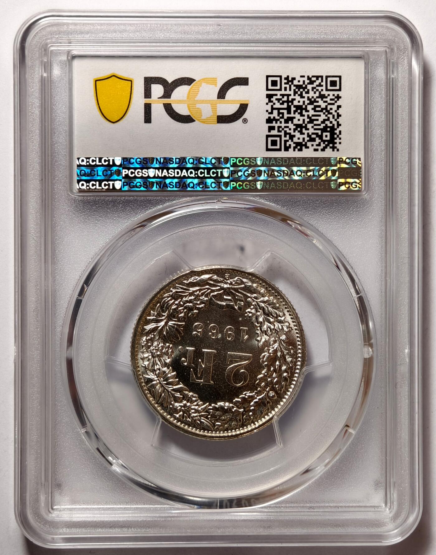 紫瑗钱币——第476期 瑞士 1965年 B版 赫尔维蒂亚 2法郎 银币 PCGS MS66