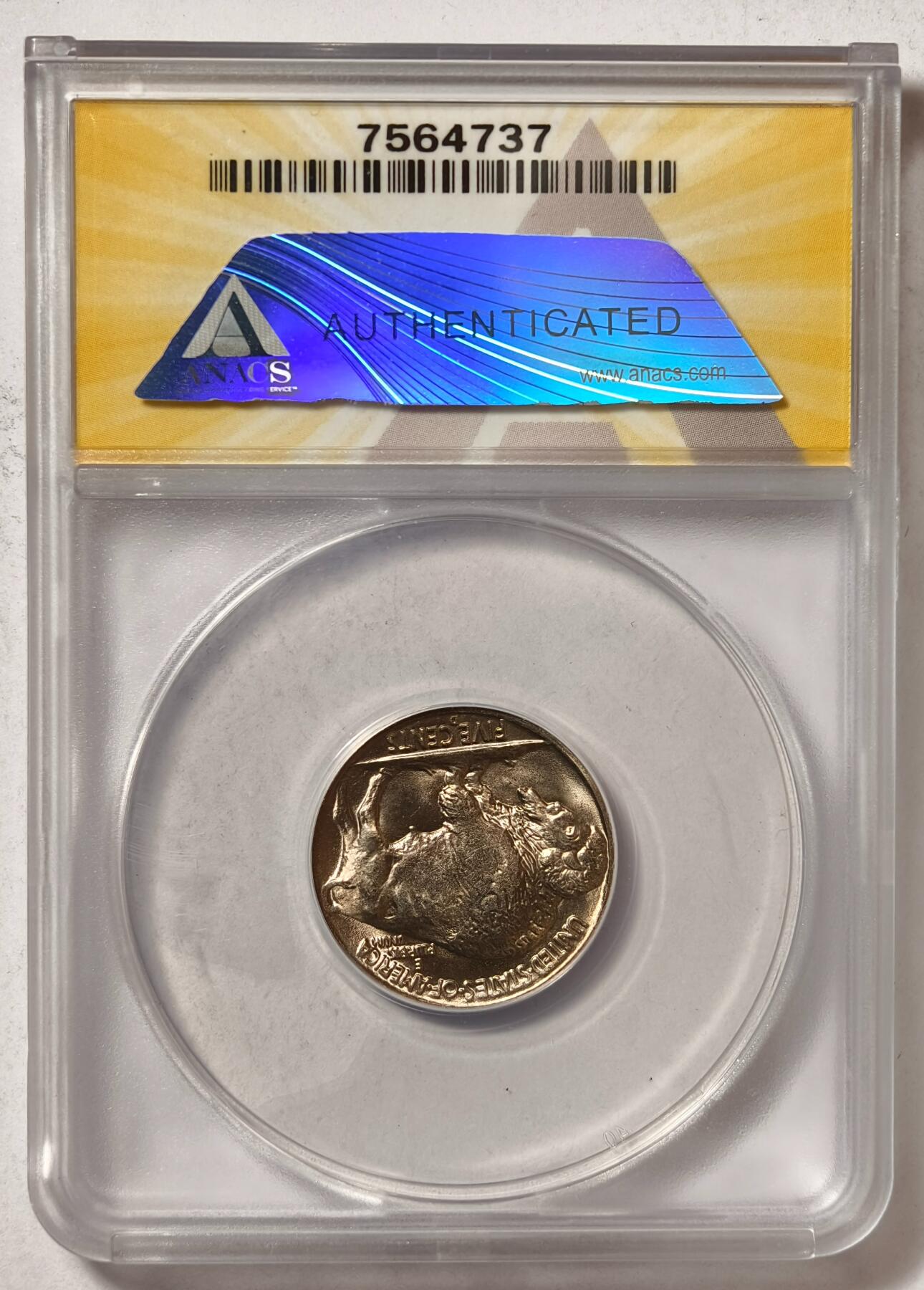 紫瑗钱币——第468期 美国 1938年 野牛 5美分  铜镍合金 ANACS MS65