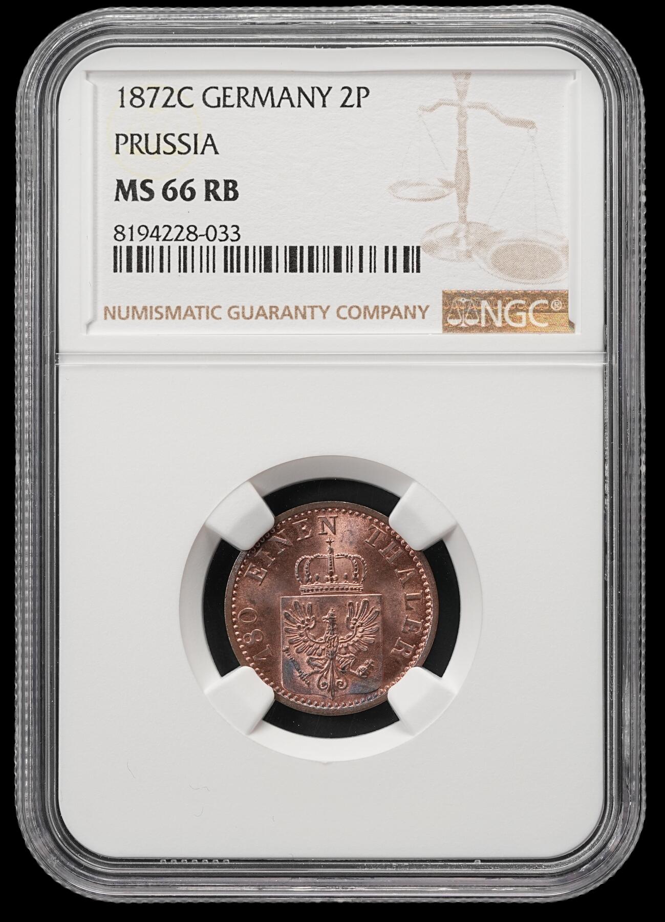 修遠堂世界钱币第五十期 全场包邮 NGC MS66RB 1872年普鲁士2芬尼铜币 唯一冠军分