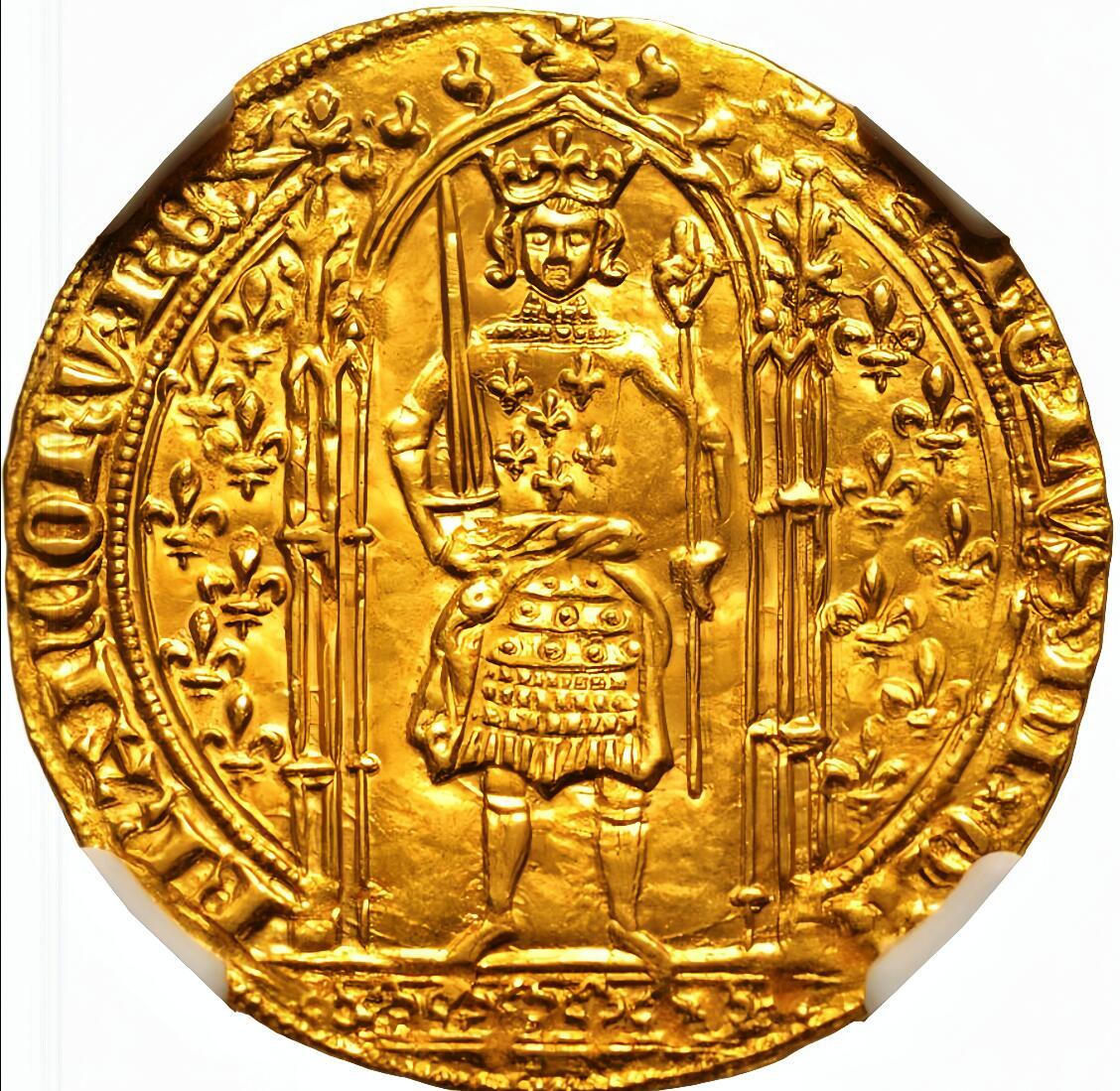  【所见状态最佳之一】法国 1364-80年“贤明王”——查理五世金币 NGC MS63 图案清晰完整 线条锐利深峻全深打 尤其是脸部开脸非常清晰可遇不可求 历经六七百年岁月洗礼依旧金光璀璨 钱币整体风格繁缛豪华 属于中世纪钱币中哥特艺术的巅峰之作 查理五世逆转了百年战争第一阶段的战局 使法国得以复兴