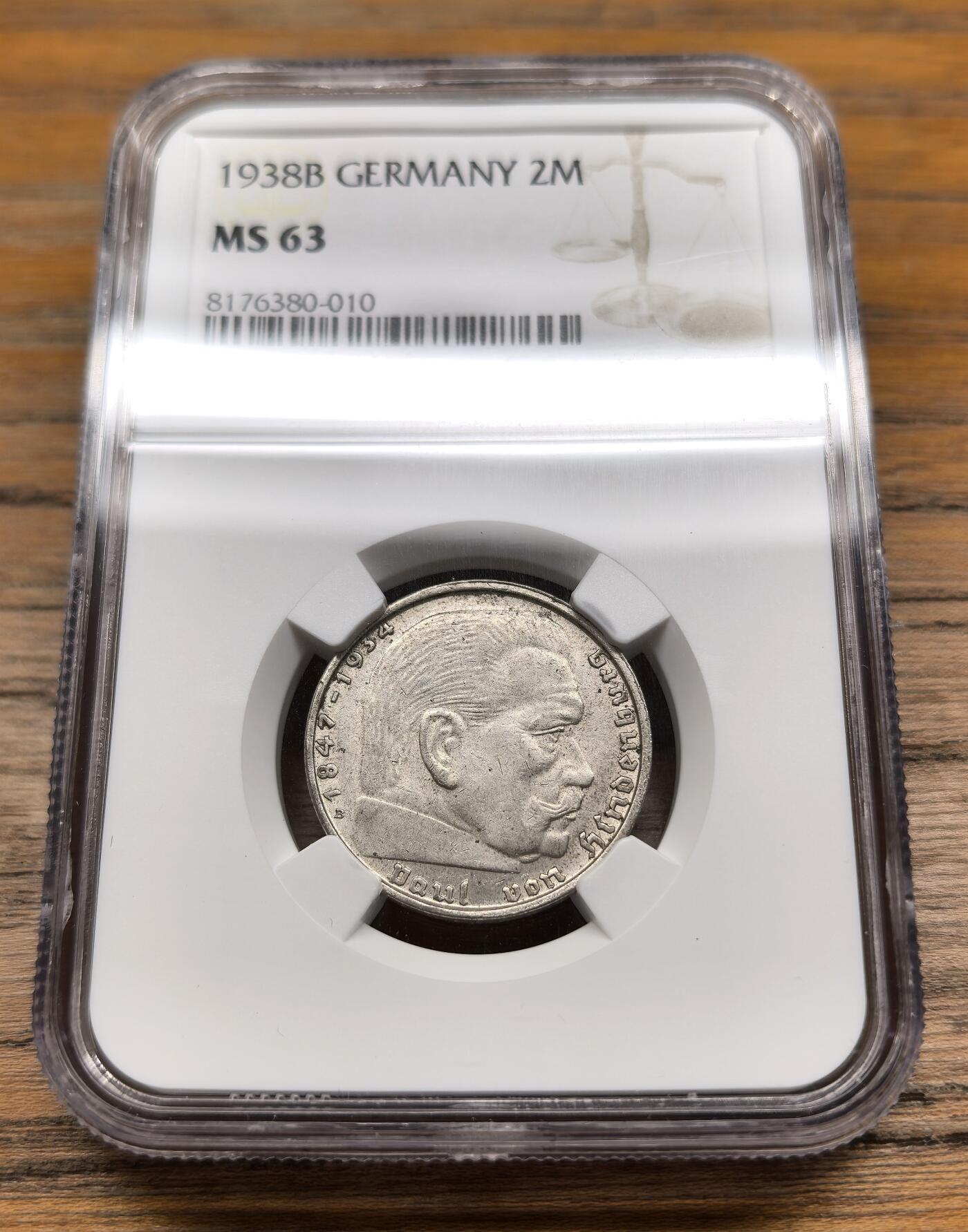 凡希社世界钱币微拍第二百九十三期 1938B德国兴登堡2马克银币NGC-MS63