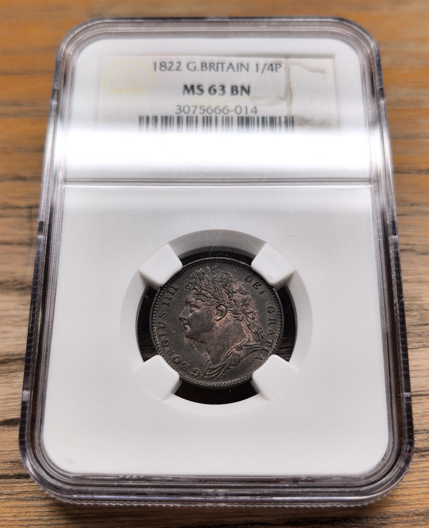 凡希社世界钱币微拍第二百九十三期 1822英国乔四1/4便士NGC-MS63
