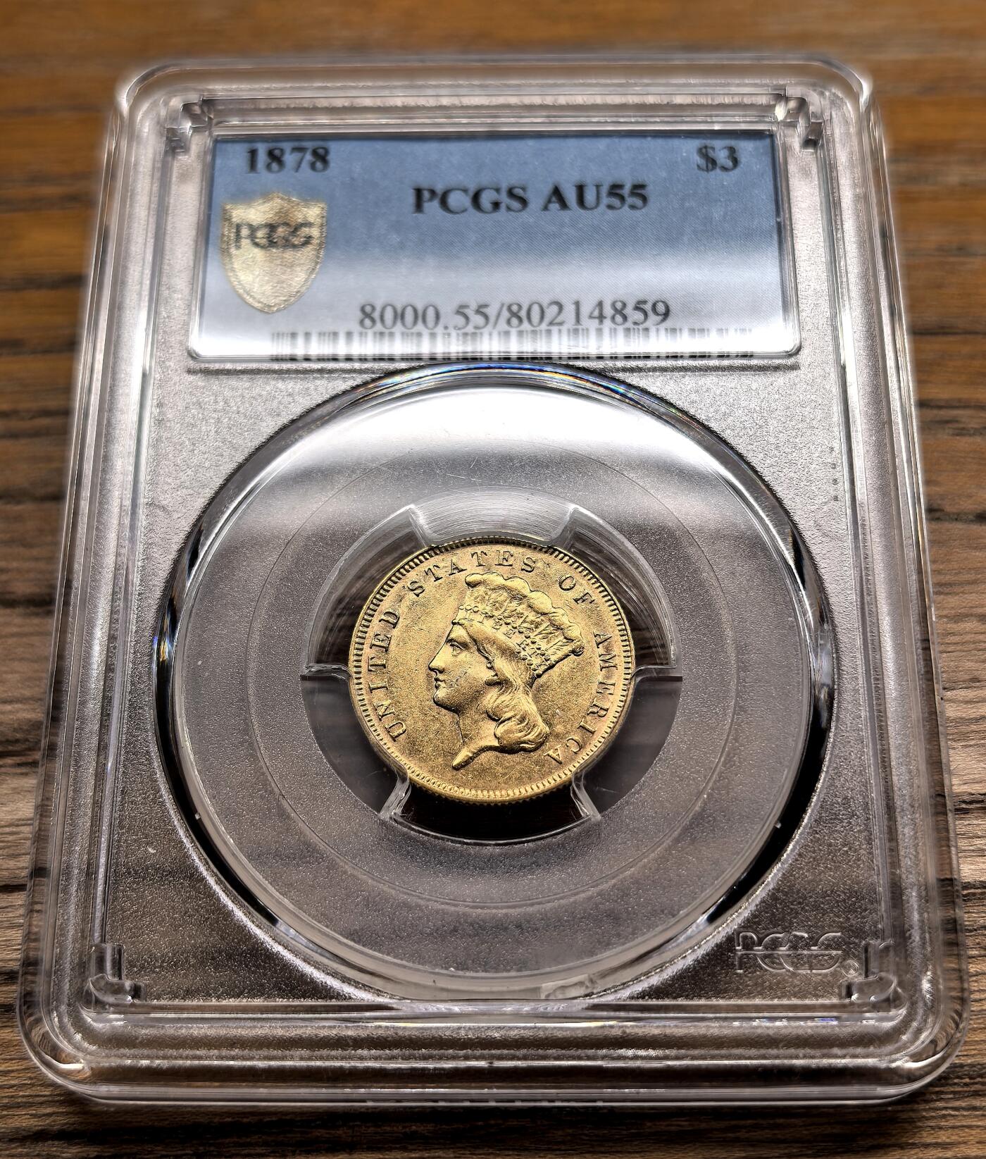 凡希社世界钱币微拍第二百九十三期 荐！1878美国印第安头像3元金币PCGS-AU55，稀有的3元面值（附视频）