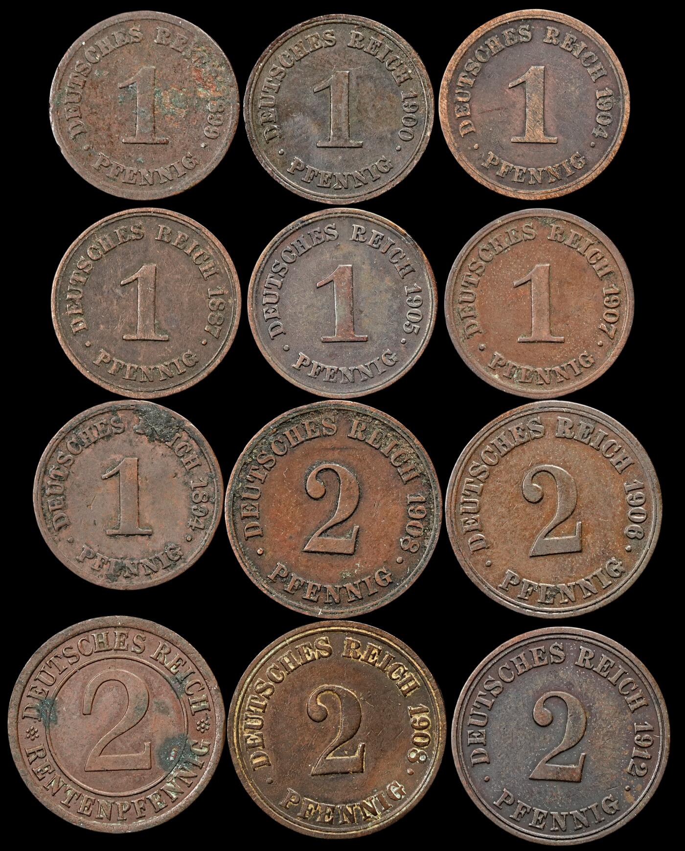 修遠堂世界钱币第五十期 全场包邮 德意志第二帝国时期1，2芬尼铜币一组 含一枚魏玛政府 年份或者厂铭都不重复