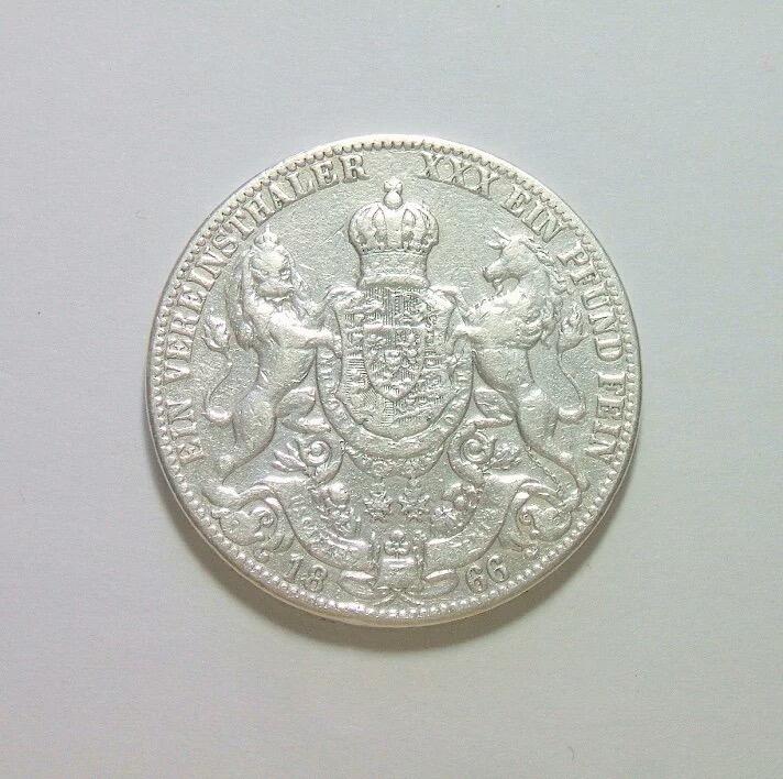 德国汉诺威1866年 乔治五世狮马1泰勒银币 好品