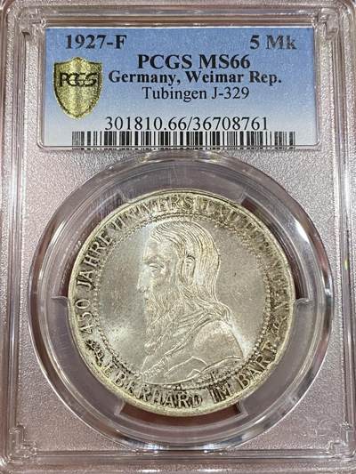 万国钱币拍卖第039期 - PCGS MS66 1927魏玛共和国图宾根5马克 发行量4万枚，原光淡包浆，丝绸底板，顶级GEM品。