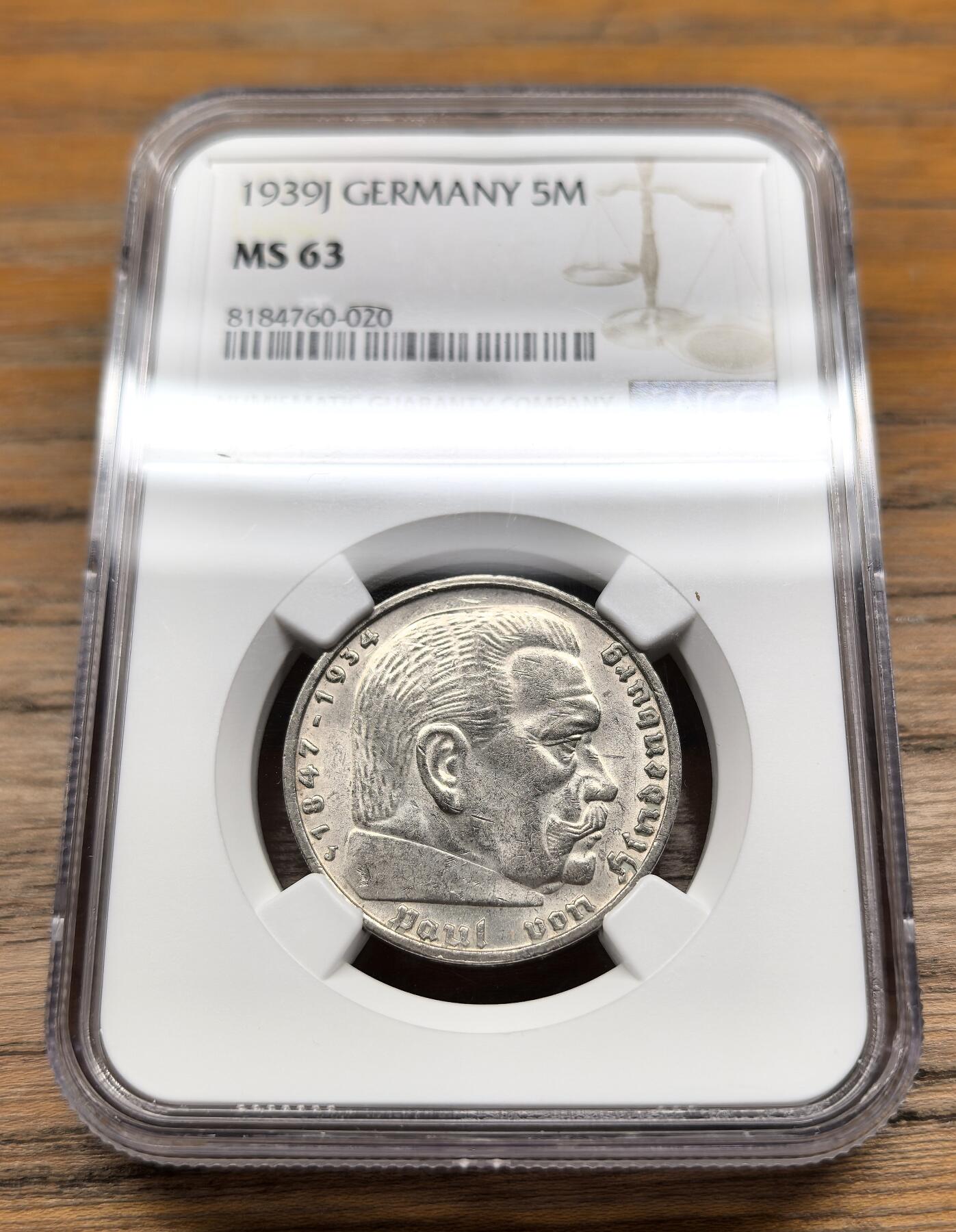 凡希社世界钱币微拍第二百九十三期 1939J德国兴登堡5马克银币NGC-MS63