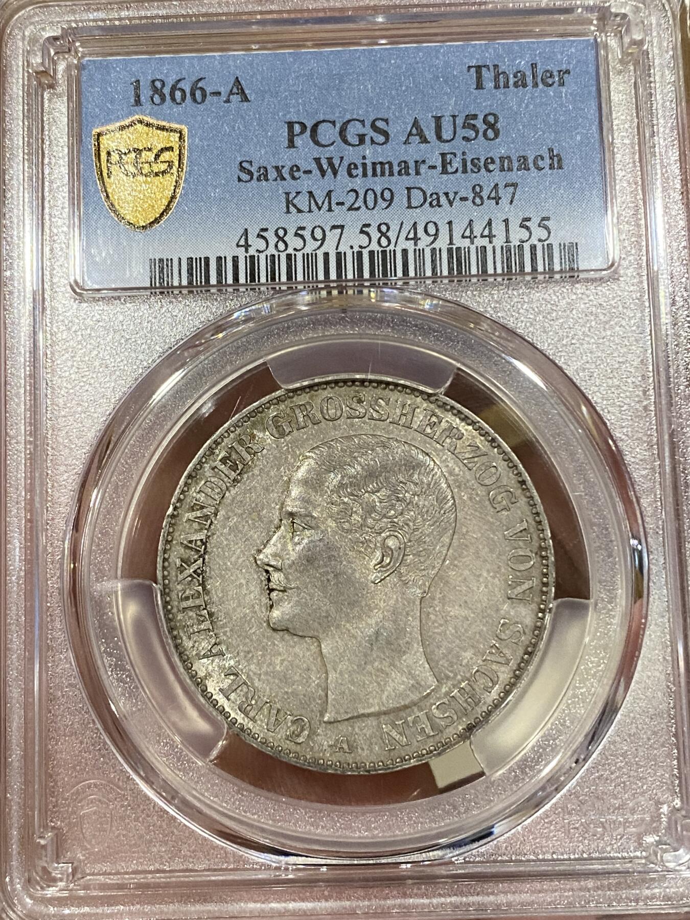 万国钱币拍卖第039期 PCGS AU58 1866德国萨克森-魏玛-埃森纳赫纹章泰勒 原味纸袋包浆，PC亚军分，更高分仅一枚。