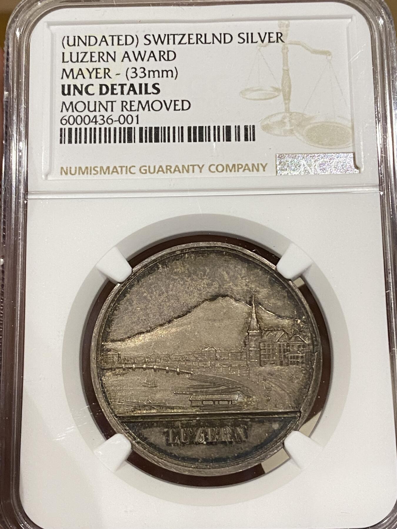 万国钱币拍卖第039期 NGC UNCD 1888年左右瑞士卢塞恩联邦城市景观纪念银章 完美品相 移除了吊环
