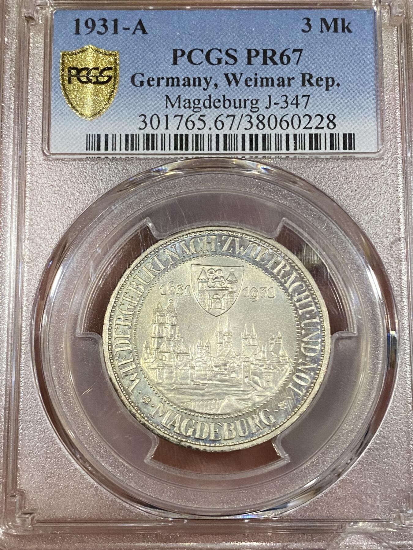 万国钱币拍卖第039期 PCGS PR67 1931魏玛共和国精制马格德堡景观3马克 媲美现代币的工艺与分数，肉眼无暇状态。