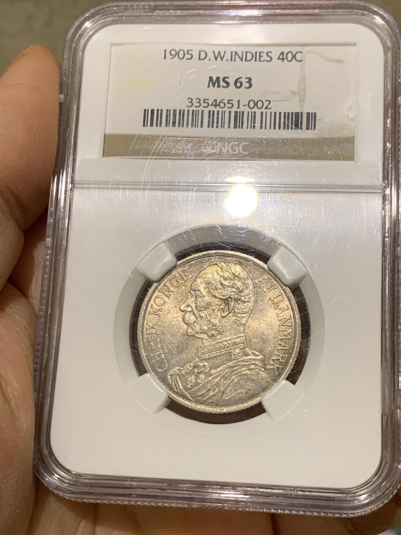 《竞宝斋》第337场 周日，周一，周二 3场连拍 （全场包邮） 殖民地名誉品 NGC MS63 丹属西印度 1905年 三女神银币 最大面值 深彩包浆 顶级品相 2021年同分成交1.8W