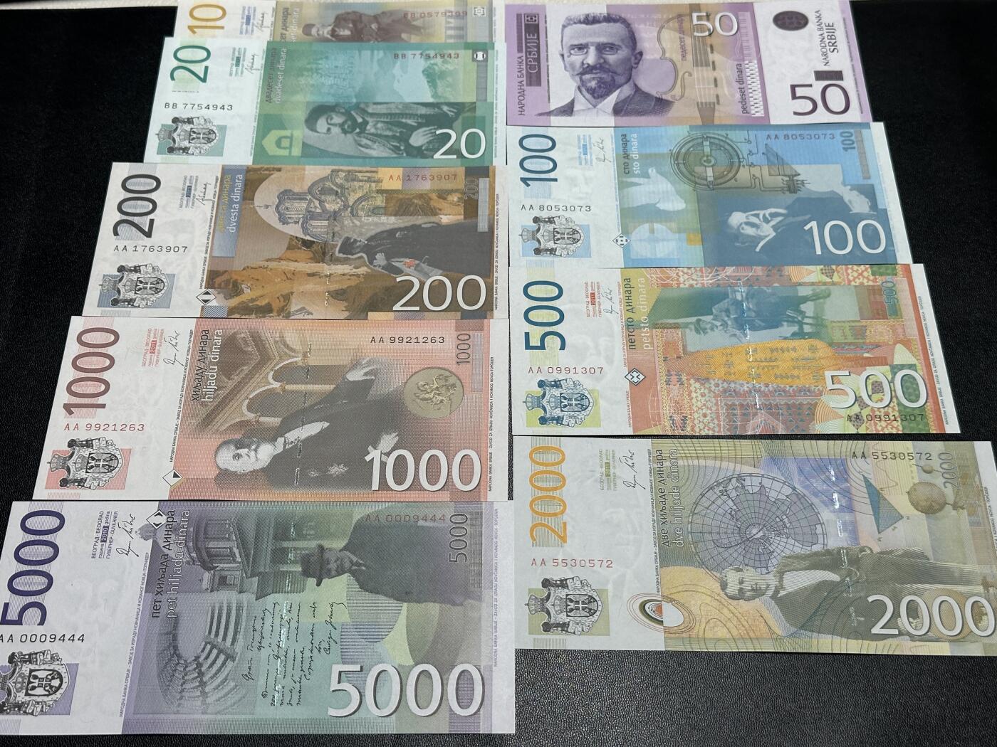 《外钞收藏家》第四百五十五期 塞尔维亚大全套9枚 UNC，其中100-5000为首发AA冠