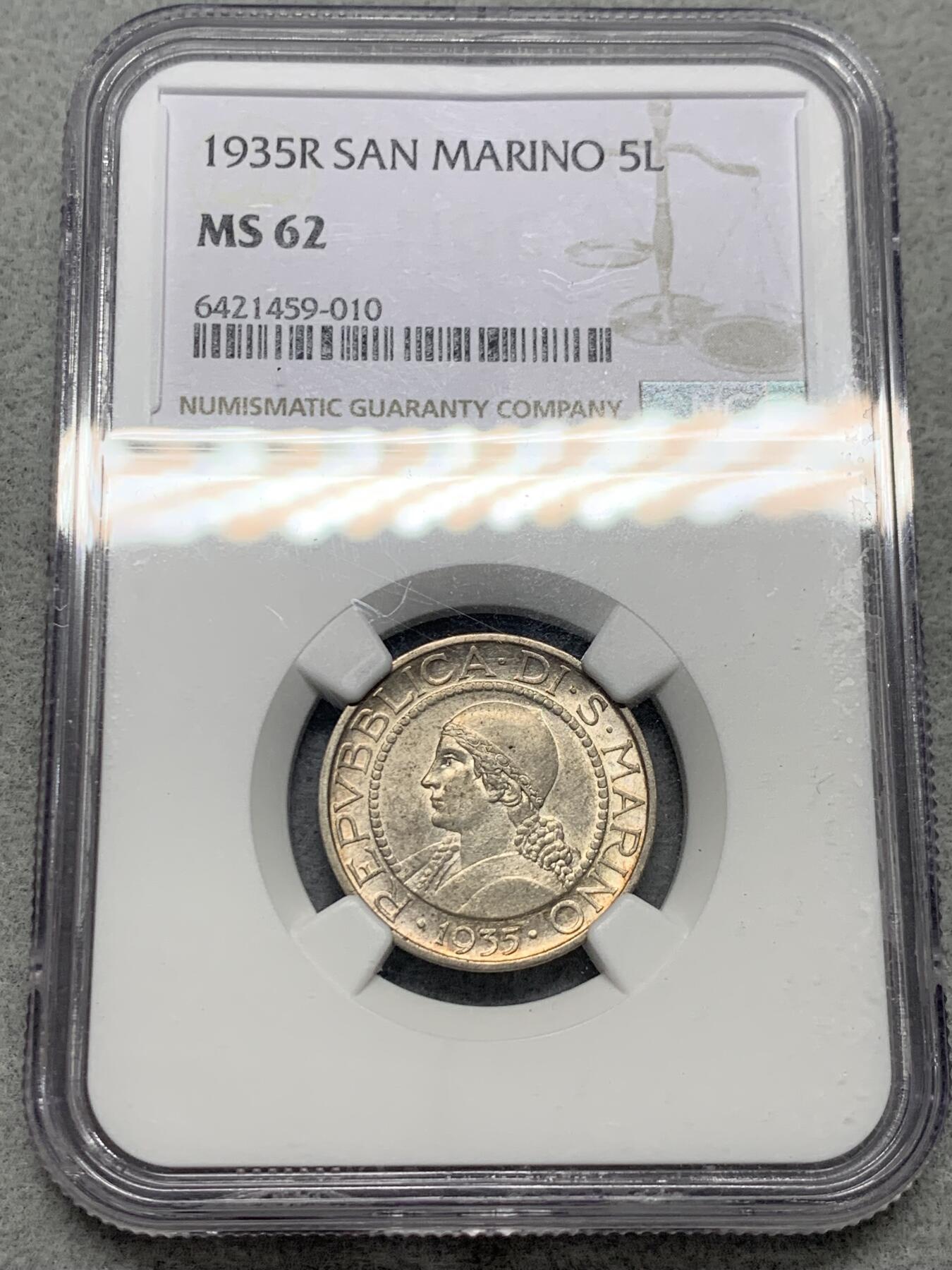 《竞宝斋》第337场 周日，周一，周二 3场连拍 （全场包邮） NGC MS62 圣马力诺 1935R 女神半身像 5里拉 银币