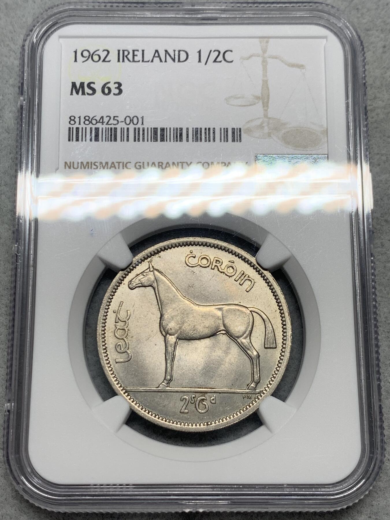 《竞宝斋》第337场 周日，周一，周二 3场连拍 （全场包邮） NGC MS63 爱尔兰1962年半克朗 最大面值主币，经典设计。