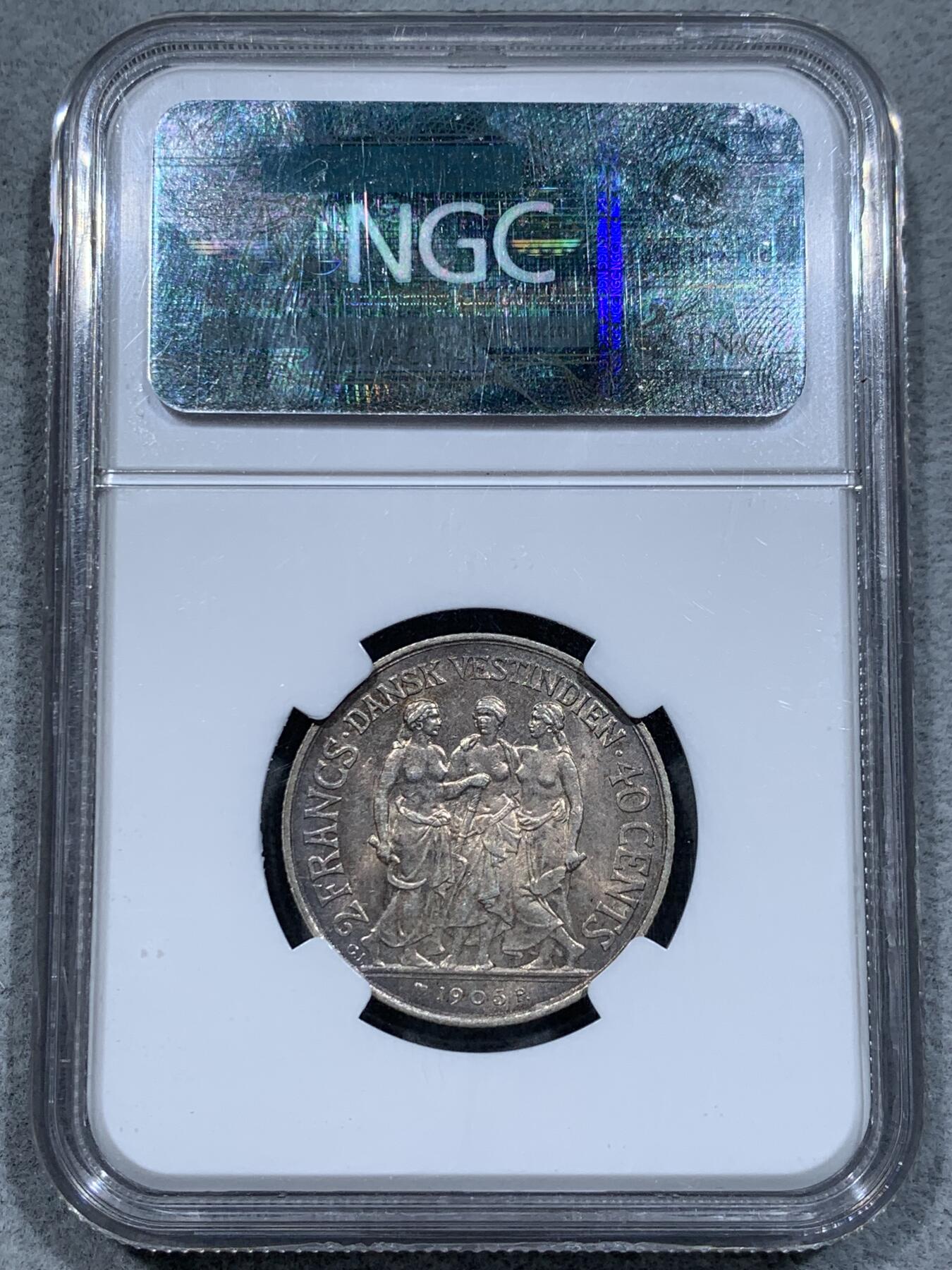 《竞宝斋》第337场 周日，周一，周二 3场连拍 （全场包邮） 殖民地名誉品 NGC MS63 丹属西印度 1905年 三女神银币 最大面值 深彩包浆 顶级品相 2021年同分成交1.8W