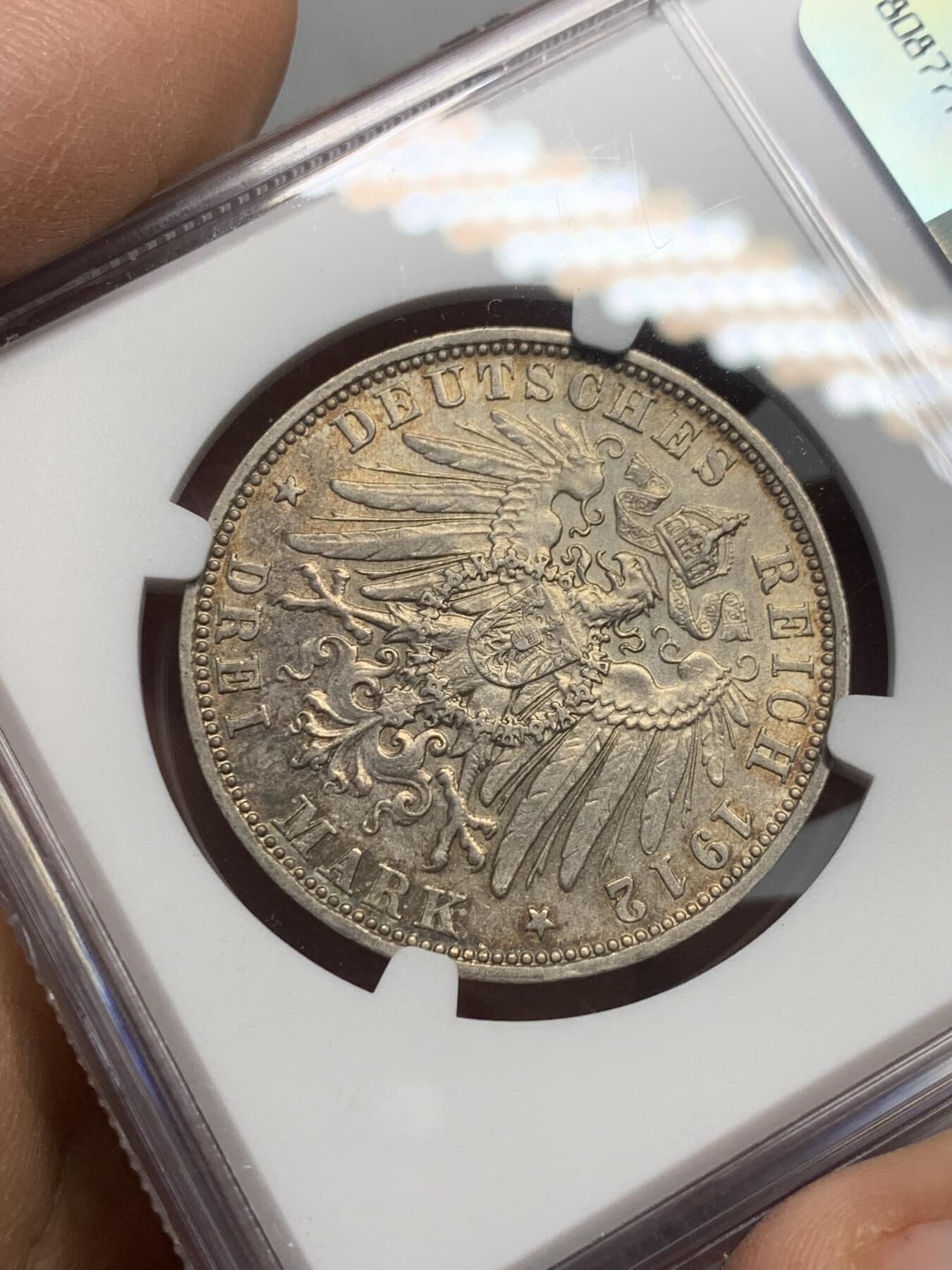 《竞宝斋》第337场 周日，周一，周二 3场连拍 （全场包邮） NGC AU CLEANED 德国1912年奥托3马克银币，老彩，上海严评。