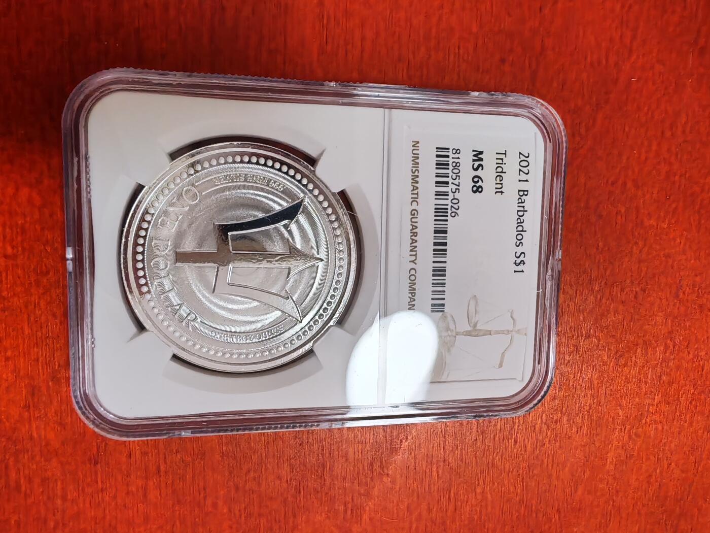 长老汇龙年精选第三十七场拍卖 2021 巴巴多斯海神三叉戟1元银币，NGC MS68，更高14枚