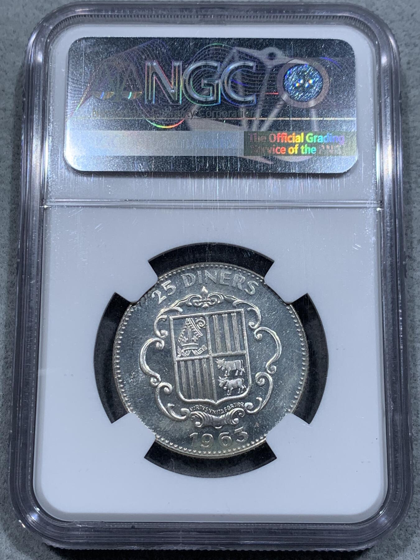 《竞宝斋》第337场 周日，周一，周二 3场连拍 （全场包邮） NGC PF64 珍稀币 1963安道尔本洛克主教25第纳尔精制银币，唯一亚军分，更高分仅有1枚，共发行3350枚
