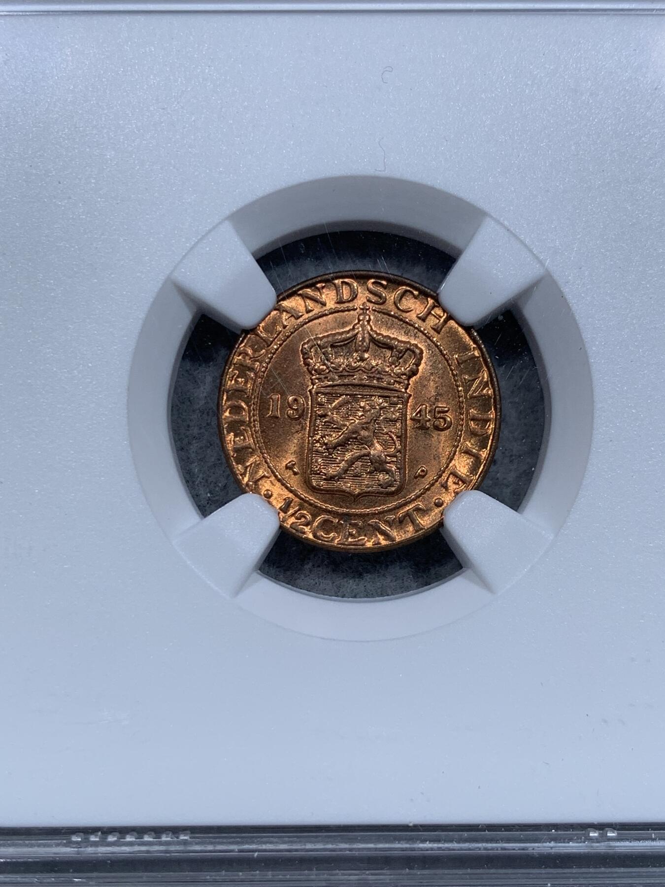 《竞宝斋》第337场 周日，周一，周二 3场连拍 （全场包邮） NGC MS65RB 荷属东印度1945P厂1/2分铜币