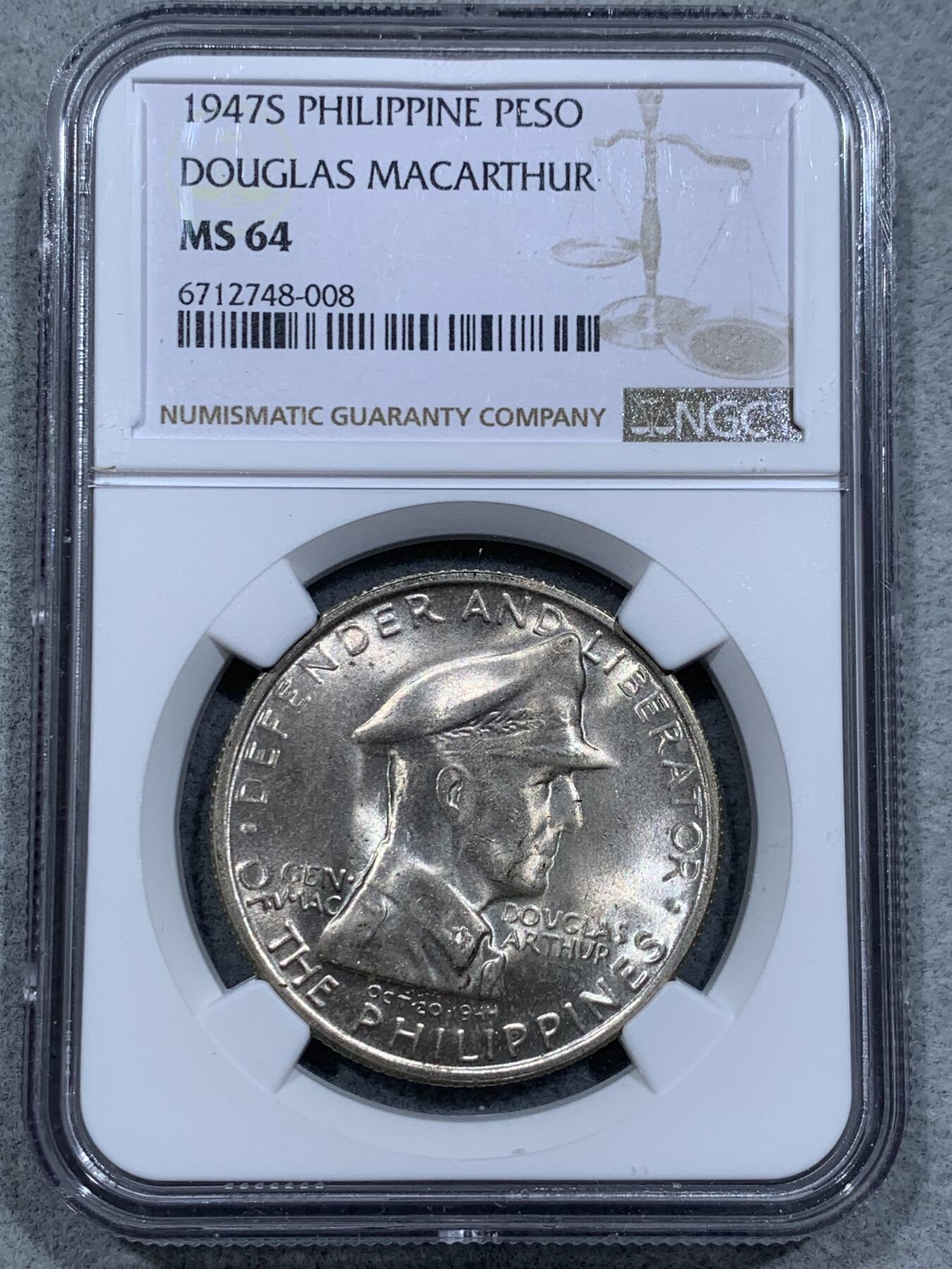 《竞宝斋》第337场 周日，周一，周二 3场连拍 （全场包邮） NGC MS64 菲律宾1947年麦克阿瑟1比索和50分纪念银币，一对同分，转光强烈，底板干净