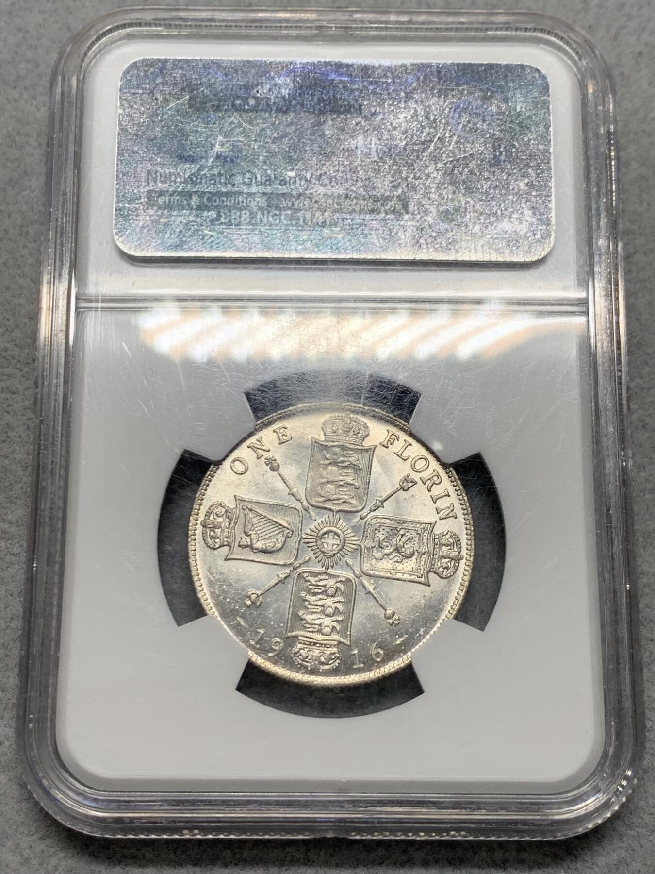 《竞宝斋》第337场 周日，周一，周二 3场连拍 （全场包邮） NGC MS61 英国1916年乔治五世一弗洛林2先令银币 高银版 老盒严评 肉眼可见的低评 转光强烈