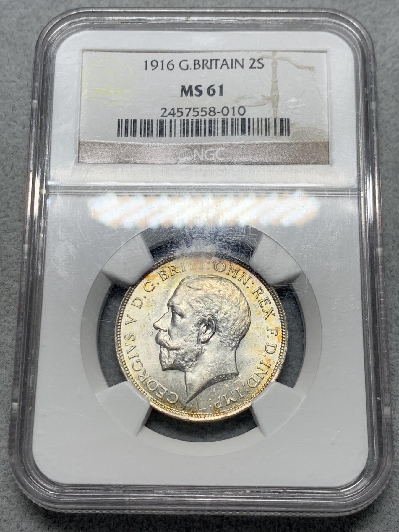 《竞宝斋》第337场 周日，周一，周二 3场连拍 （全场包邮） NGC MS61 英国1916年乔治五世一弗洛林2先令银币 高银版 老盒严评 肉眼可见的低评 转光强烈