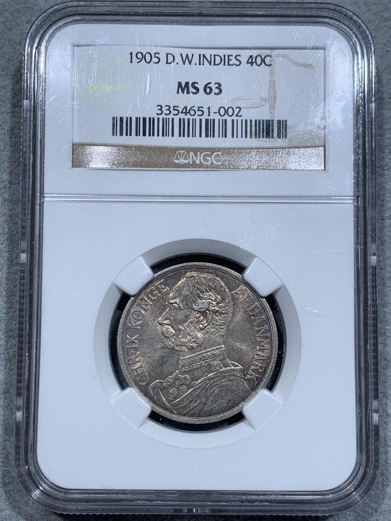 《竞宝斋》第337场 周日，周一，周二 3场连拍 （全场包邮） 殖民地名誉品 NGC MS63 丹属西印度 1905年 三女神银币 最大面值 深彩包浆 顶级品相 2021年同分成交1.8W