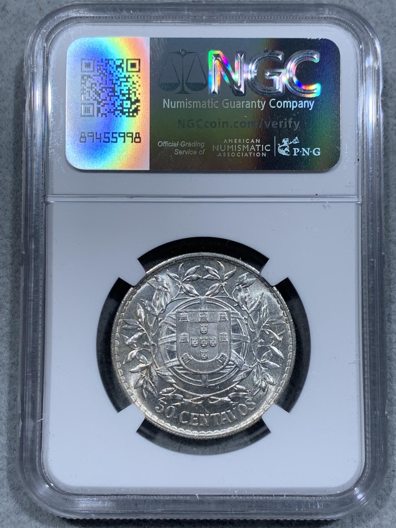 《竞宝斋》第337场 周日，周一，周二 3场连拍 （全场包邮） NGC MS63 葡萄牙1916年自由女神50分银币