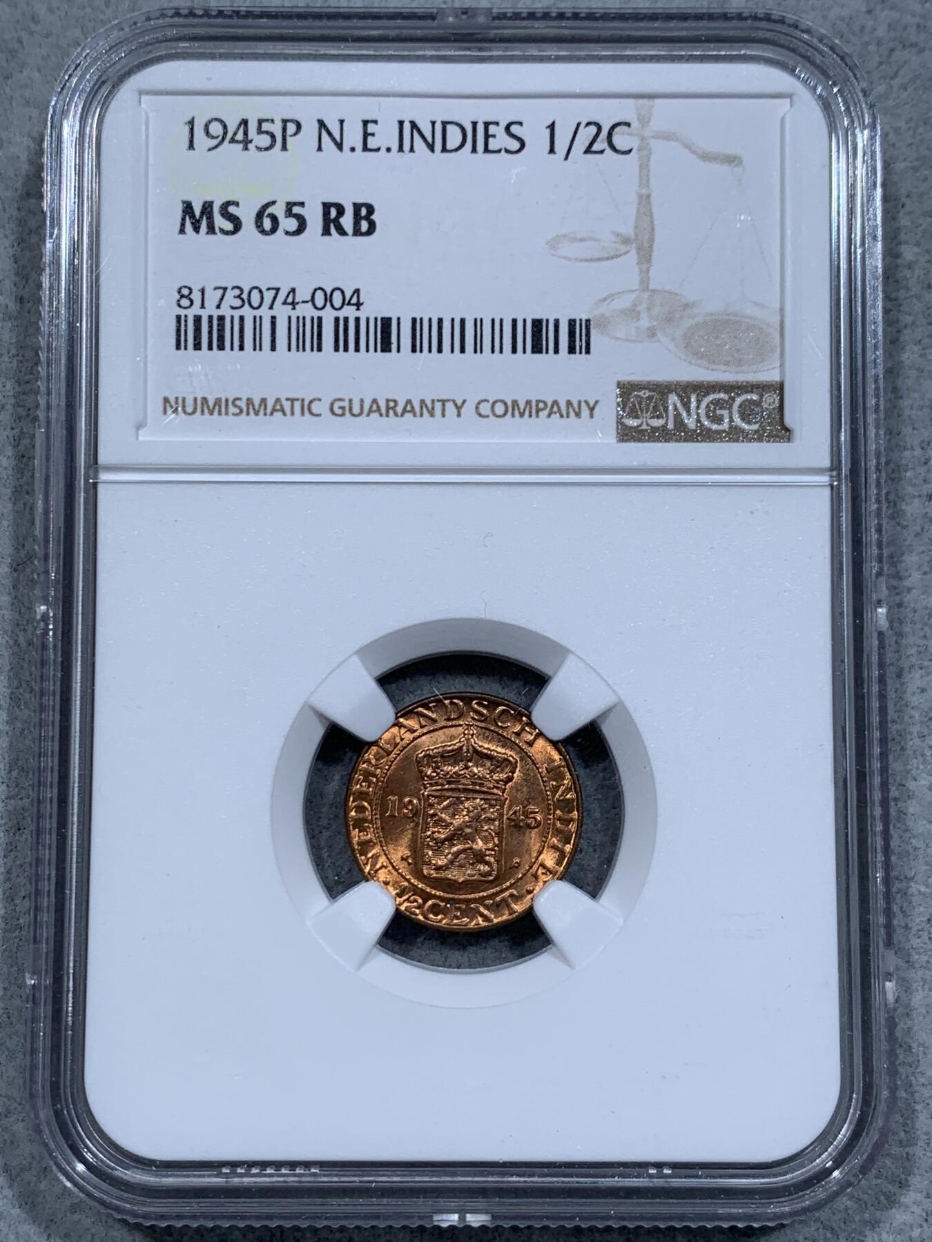 《竞宝斋》第337场 周日，周一，周二 3场连拍 （全场包邮） NGC MS65RB 荷属东印度1945P厂1/2分铜币