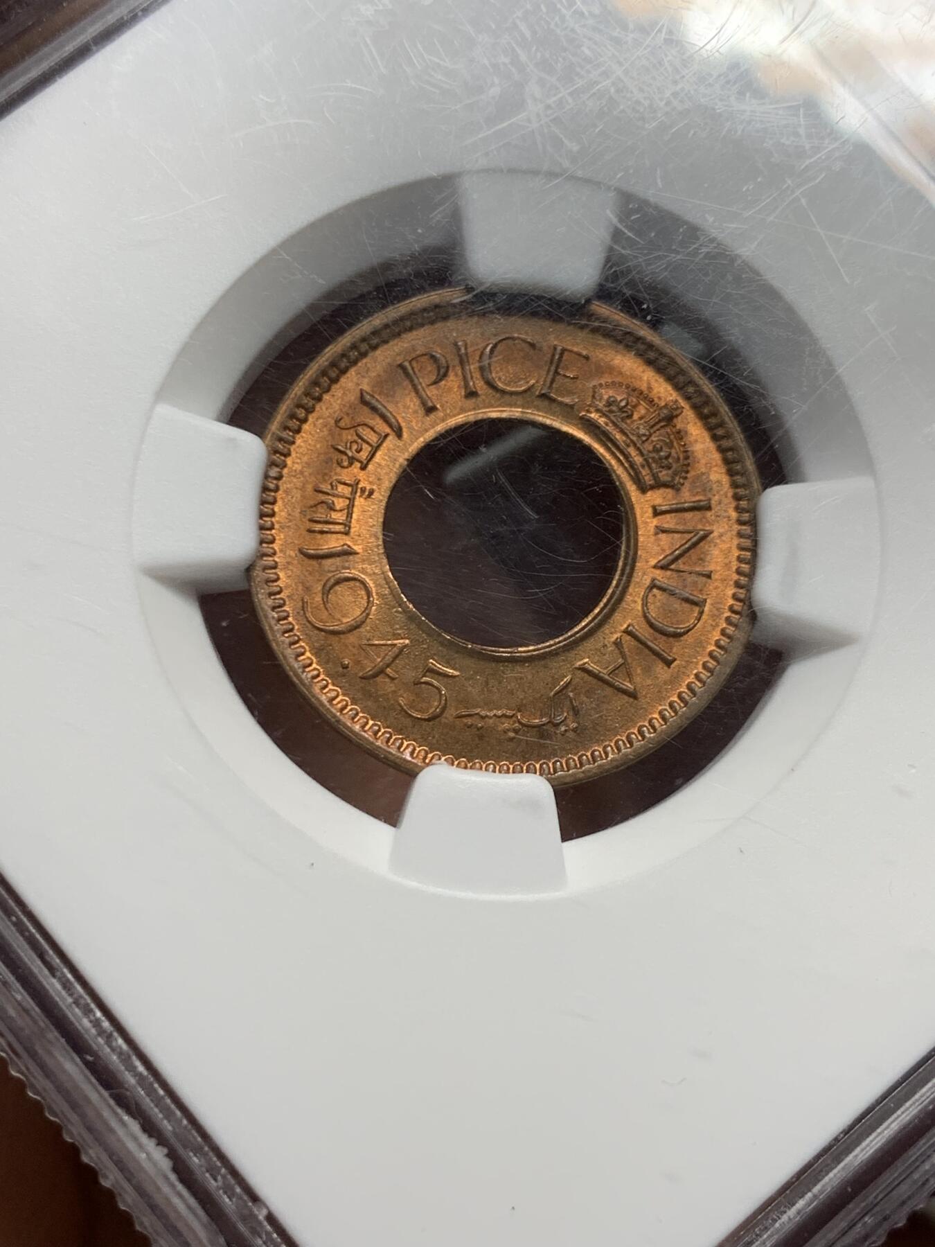 《竞宝斋》第337场 周日，周一，周二 3场连拍 （全场包邮） NGC MS65RB 印度1945乔治六世1派沙 亚军分 品相不错