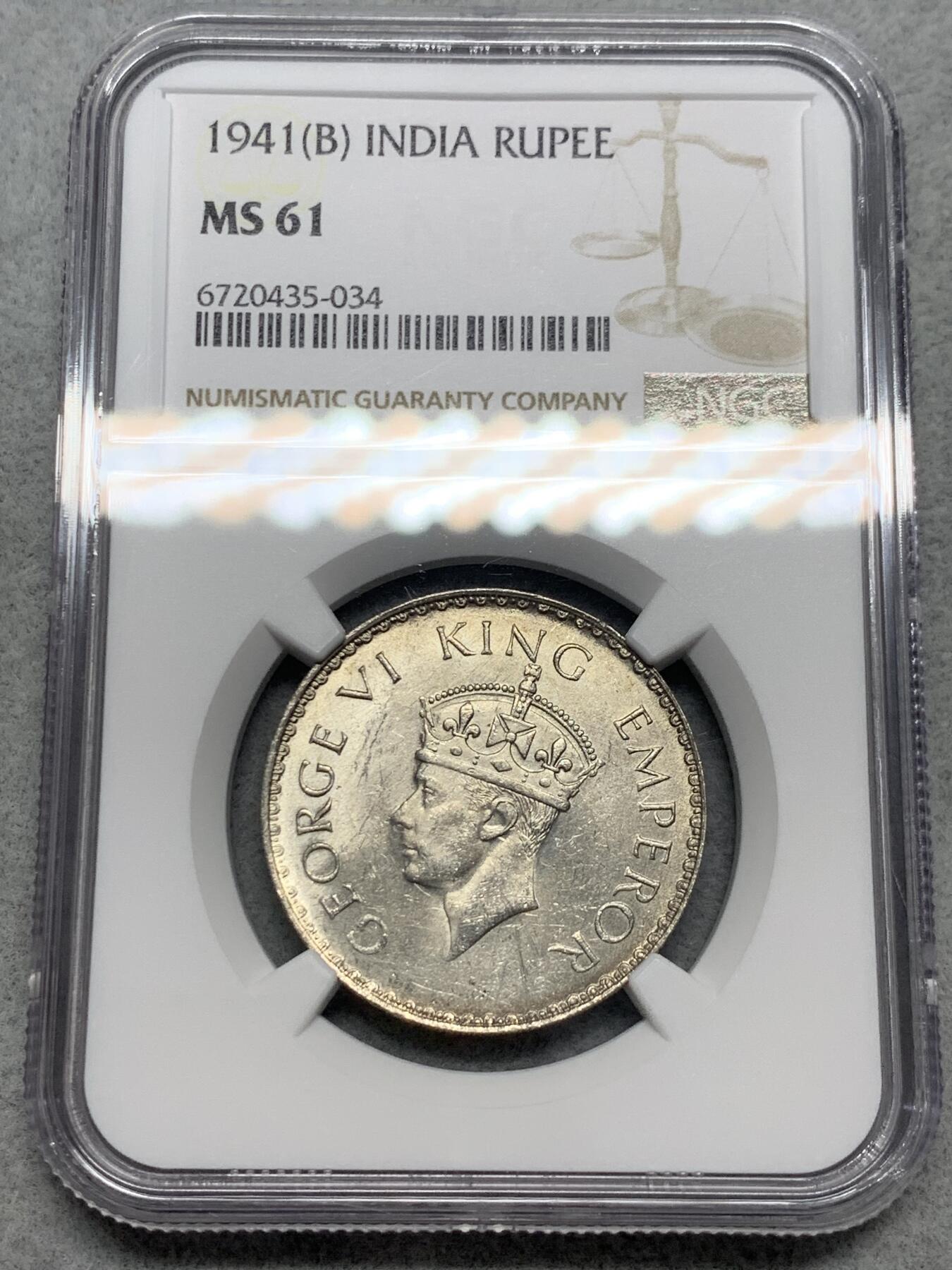 《竞宝斋》第337场 周日，周一，周二 3场连拍 （全场包邮） NGC MS61 英属印度1941年1卢比银币B版 乔治六世 早期窄边 原光卷拆