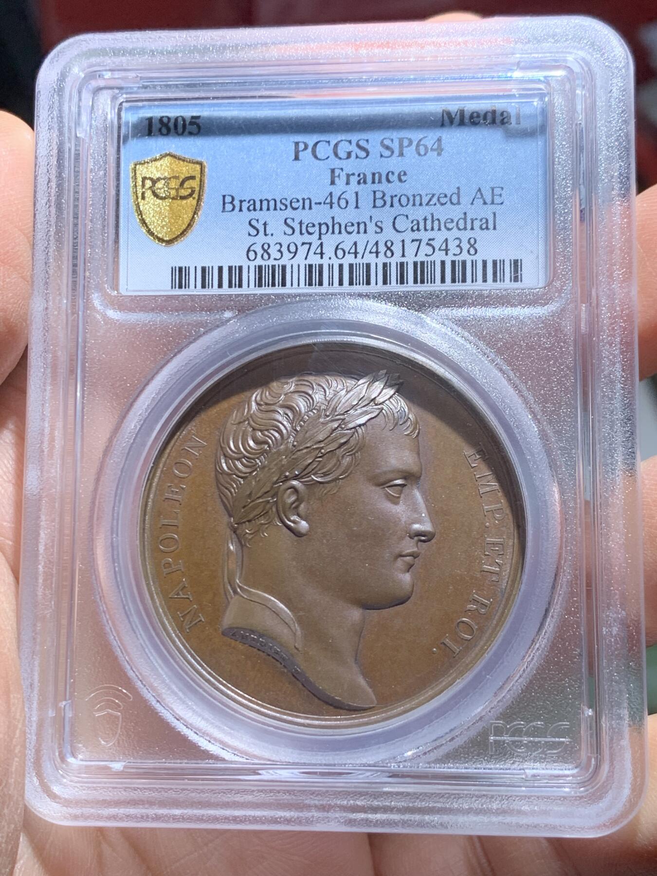 《竞宝斋》第337场 周日，周一，周二 3场连拍 （全场包邮） PCGS SP64 亚军分 法国1805年拿破仑一世攻占维也纳原铸铜章 背面圣史蒂芬大教堂 有着地下埋葬多位成员的皇家墓穴 哈布斯堡王朝的灵魂之地 乌尔姆战役拿皇攻下维也纳后 在此举行大弥撒赞美祭 以彰显其轻易夺取了近代以来从未被外敌占领的名城维也纳