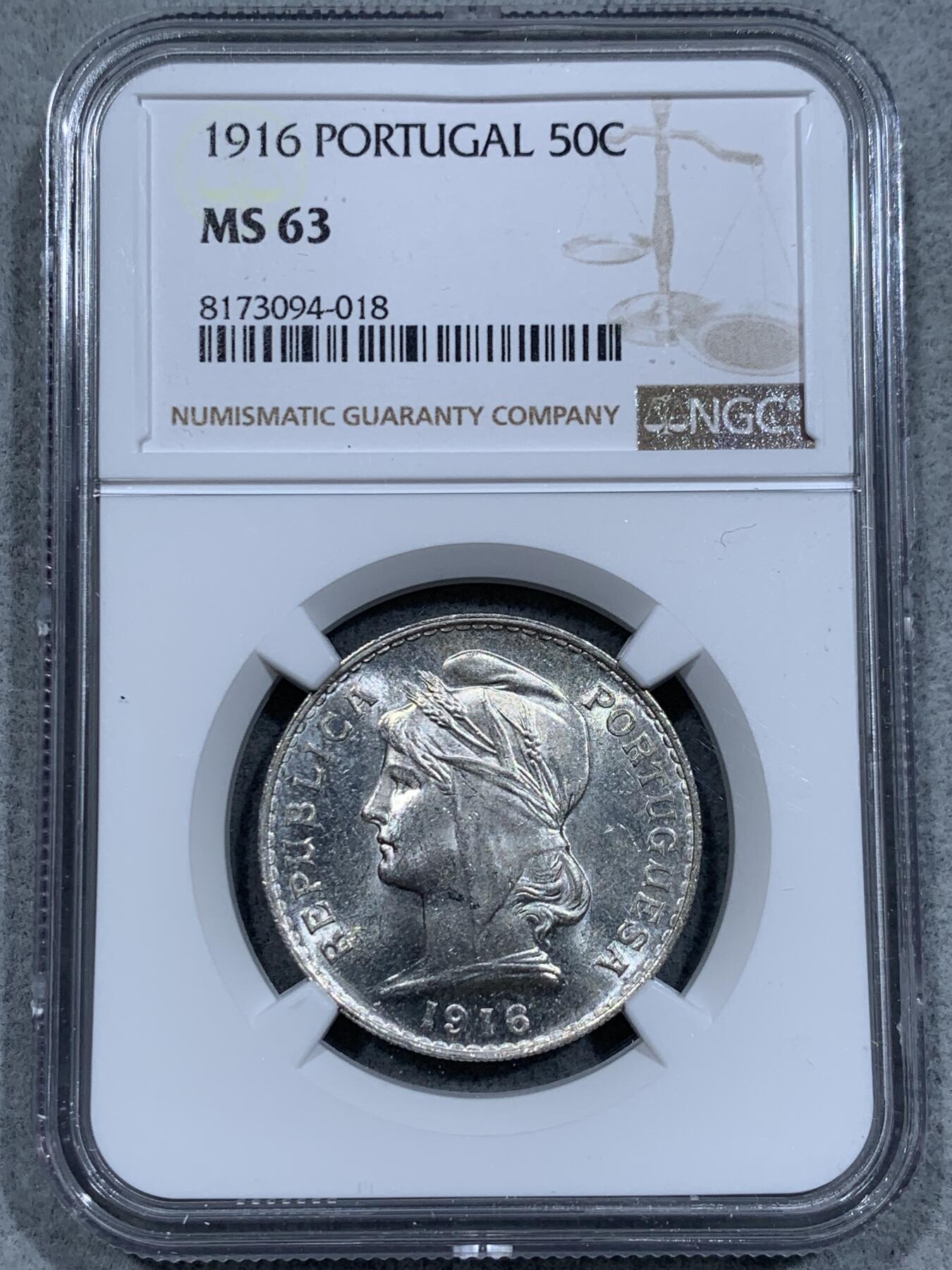 《竞宝斋》第337场 周日，周一，周二 3场连拍 （全场包邮） NGC MS63 葡萄牙1916年自由女神50分银币