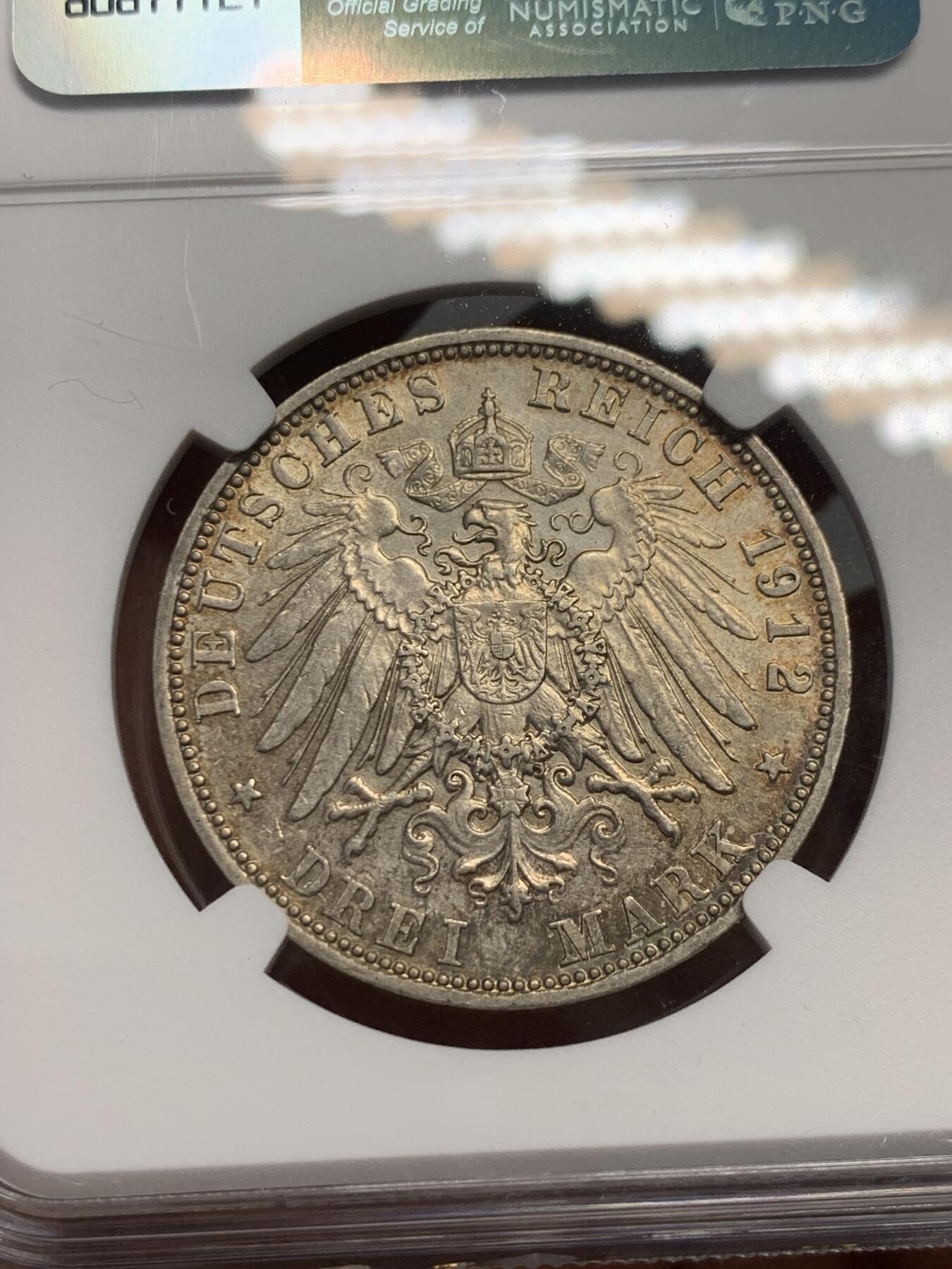 《竞宝斋》第337场 周日，周一，周二 3场连拍 （全场包邮） NGC AU CLEANED 德国1912年奥托3马克银币，老彩，上海严评。
