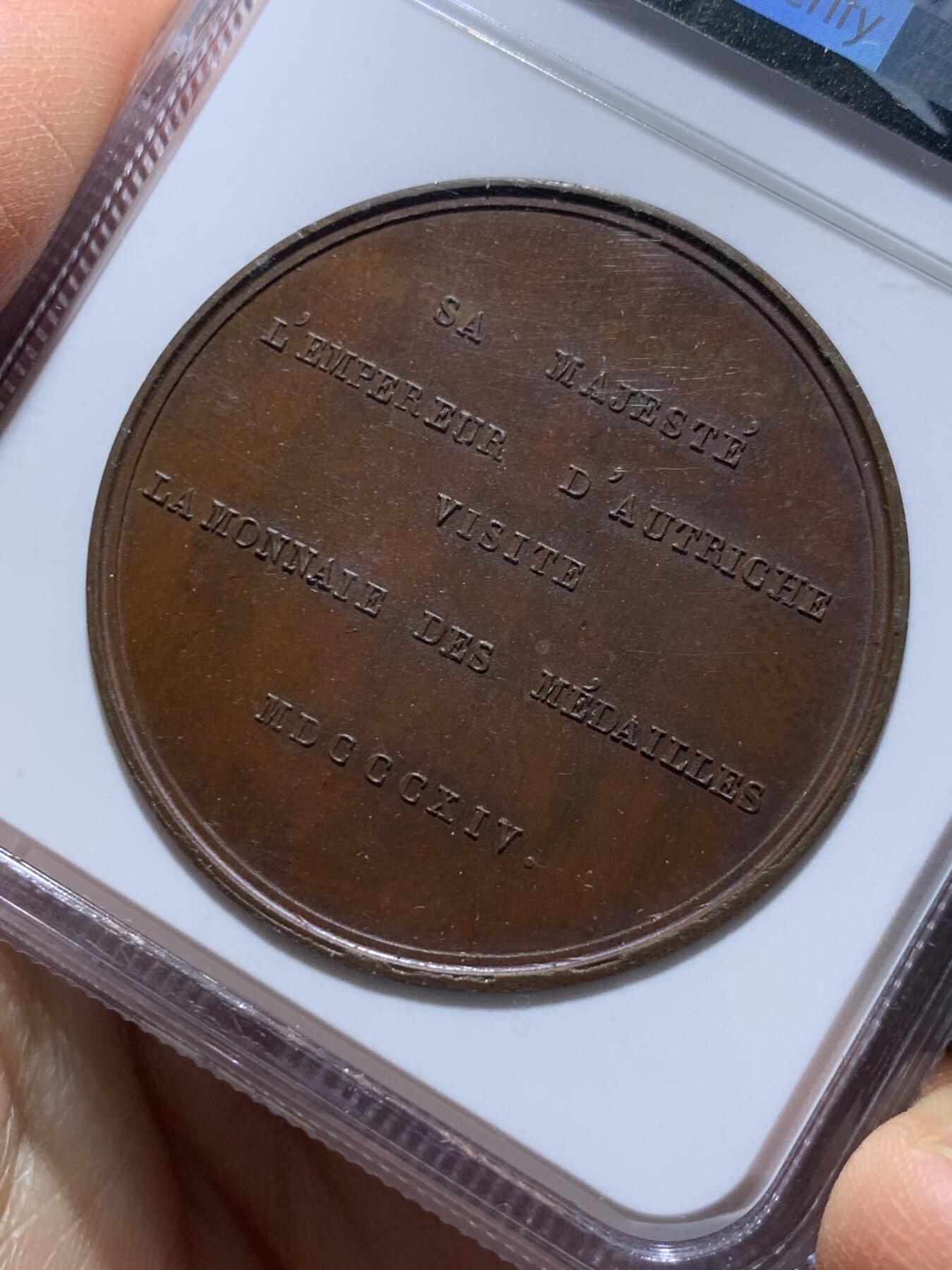 《竞宝斋》第337场 周日，周一，周二 3场连拍 （全场包邮） NGC MS64BN 冠军分 法国1814年弗朗茨一世访问巴黎造币厂原铸铜章 弗朗茨一世头戴橄榄枝 背拉丁铭文 巧克力色包浆 稀少品种
